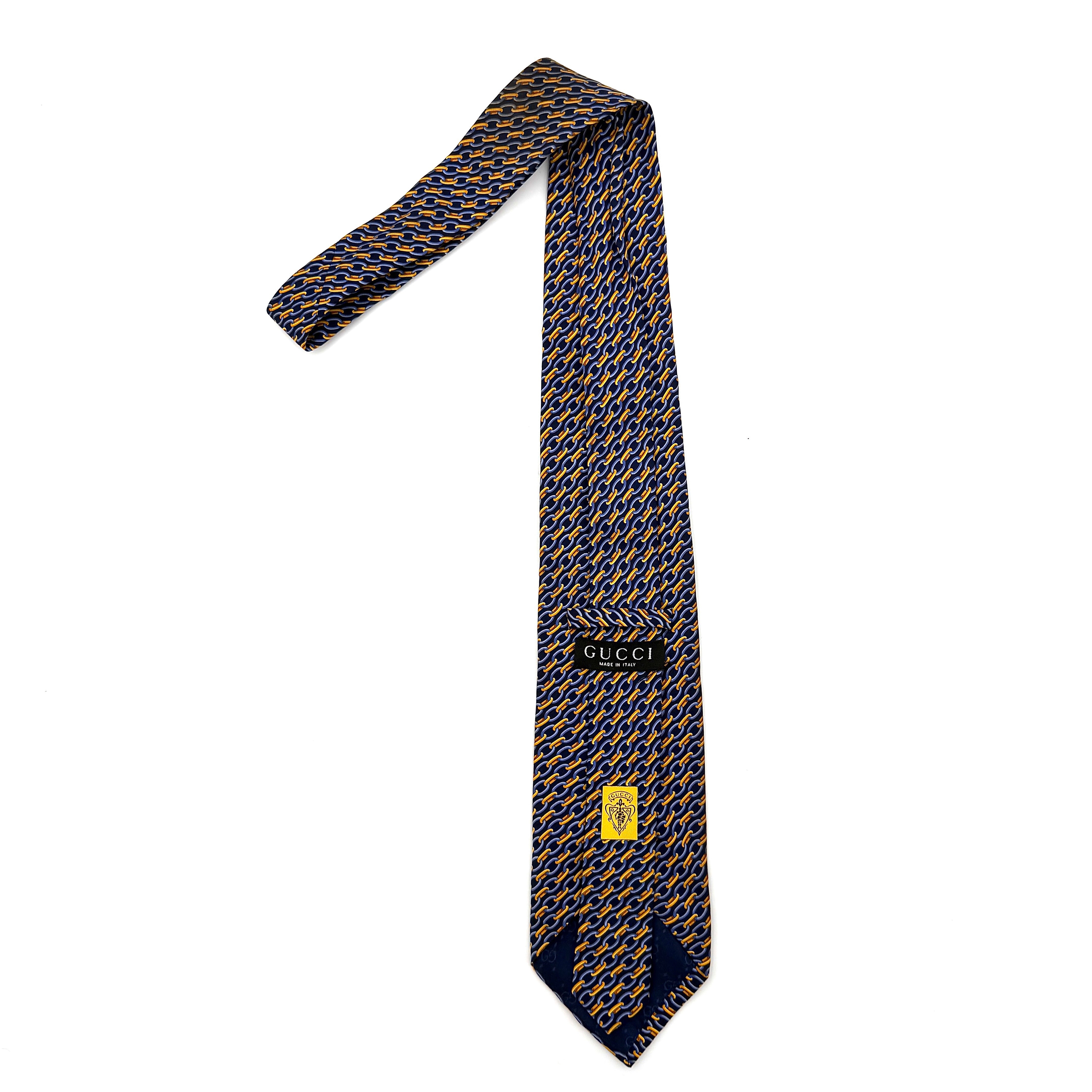 Gucci Chain Link Silk Tie Navy Blue/Gold