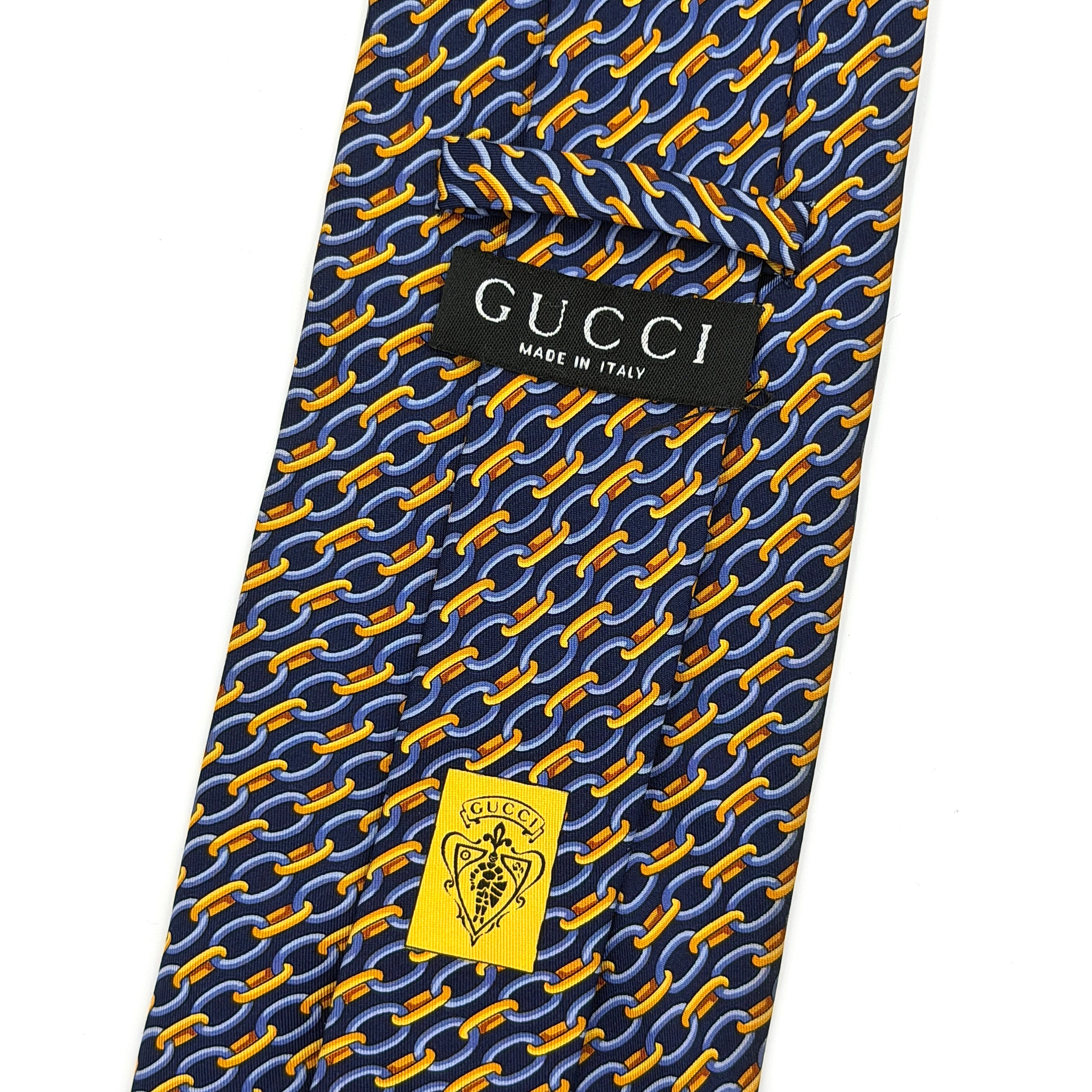 Gucci Chain Link Silk Tie Navy Blue/Gold