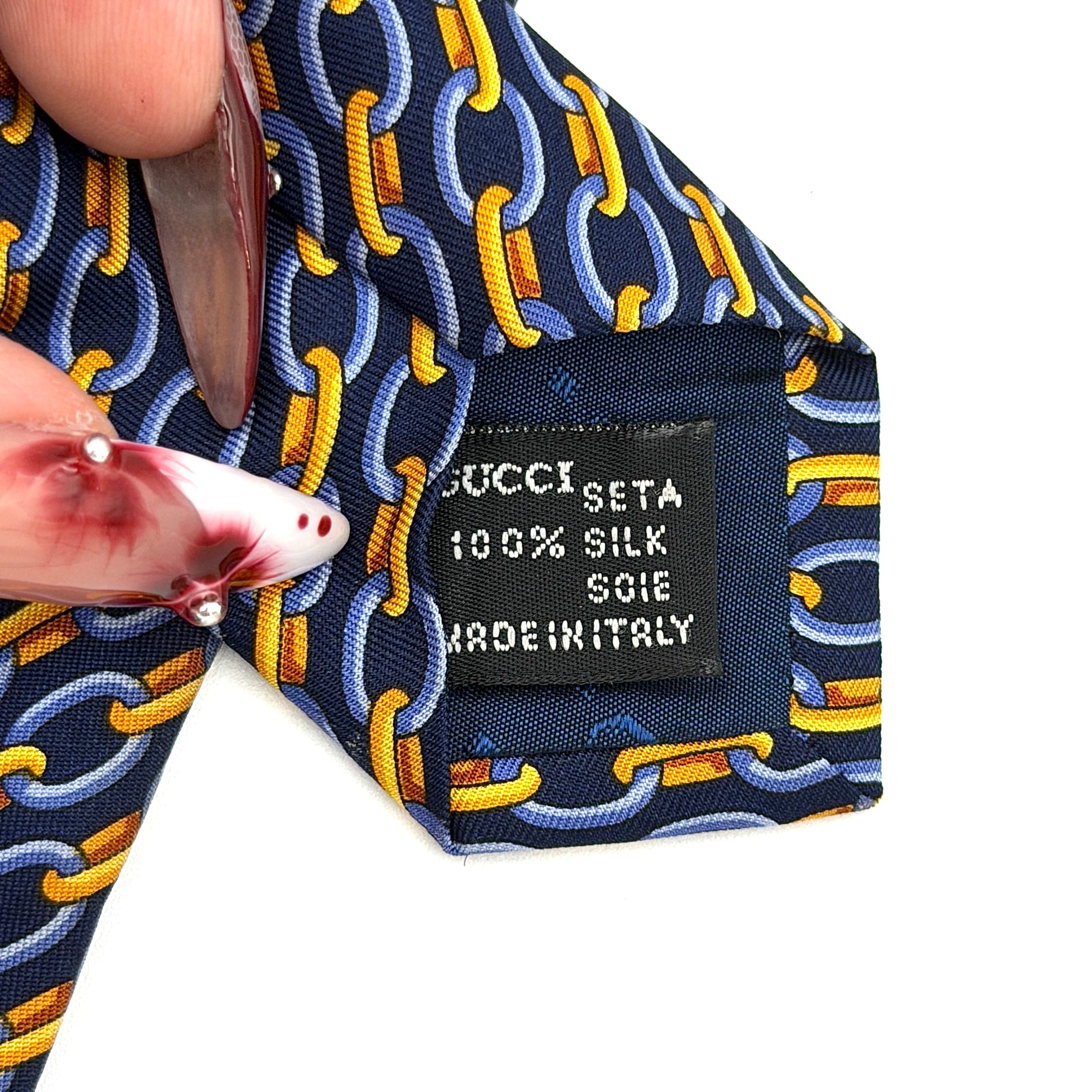 Gucci Chain Link Silk Tie Navy Blue/Gold