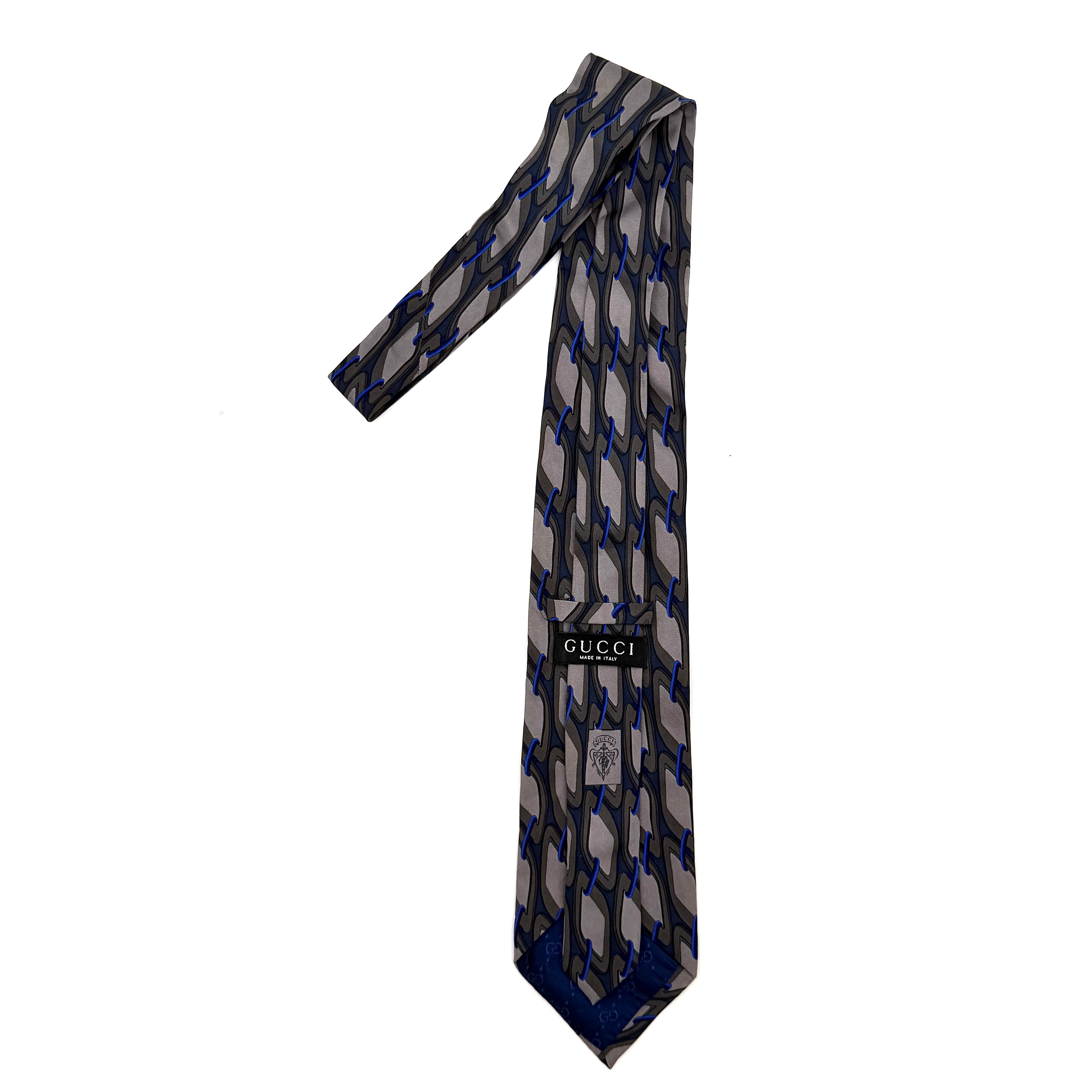 Gucci Geometric Pattern Silk Tie Blue/Grey