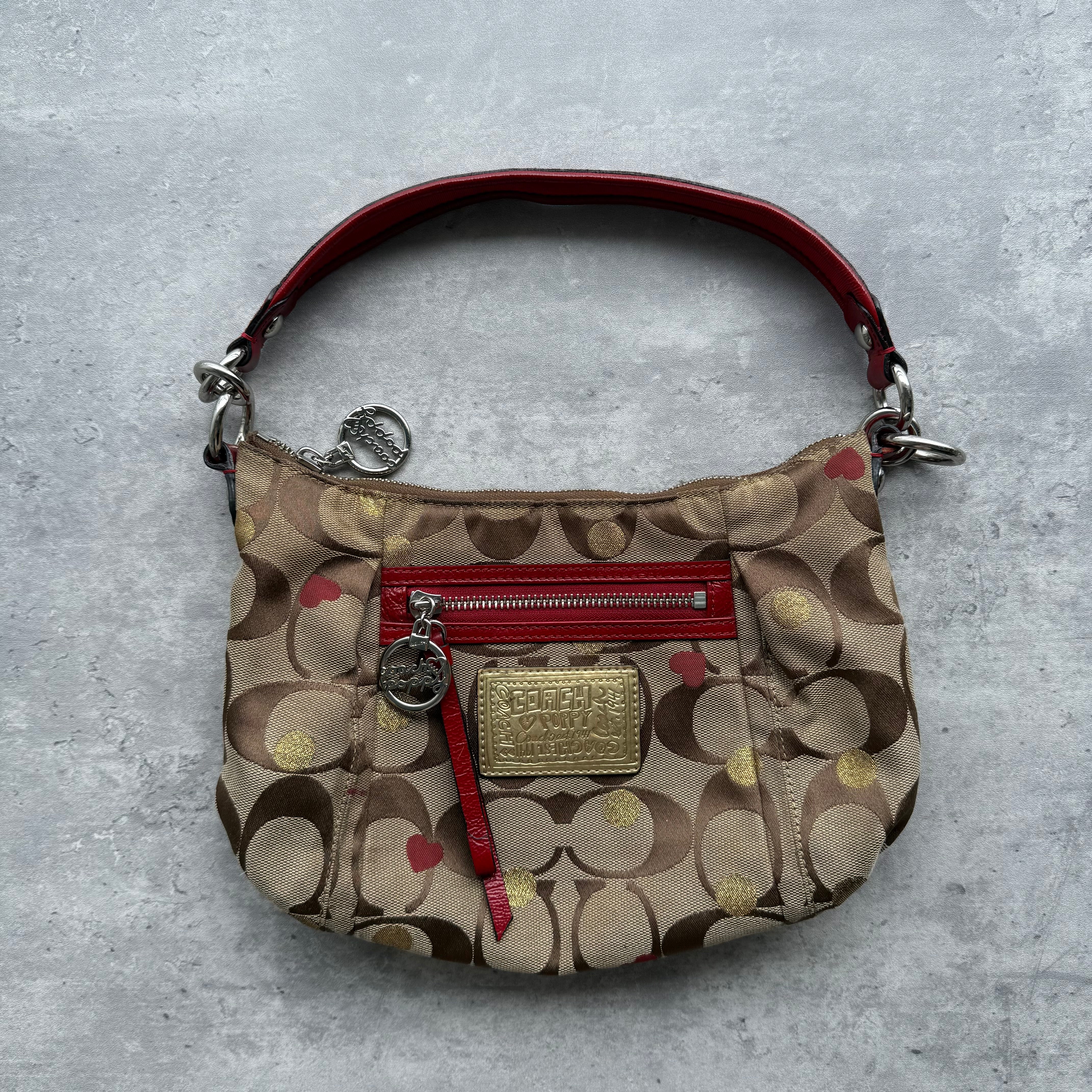 Coach 2Way Signature Heart Shoulder Bag Beige/Red
