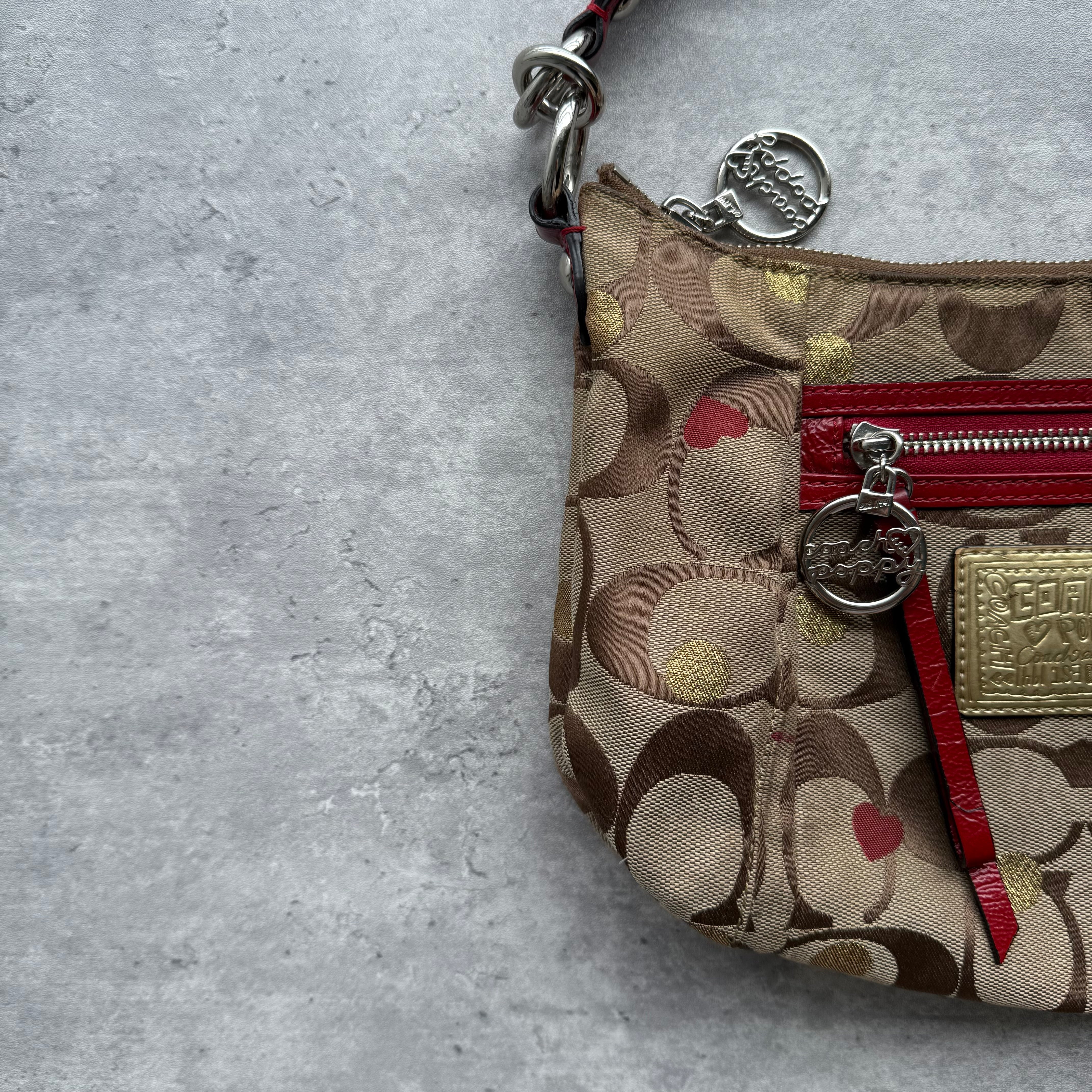 Coach 2Way Signature Heart Shoulder Bag Beige/Red