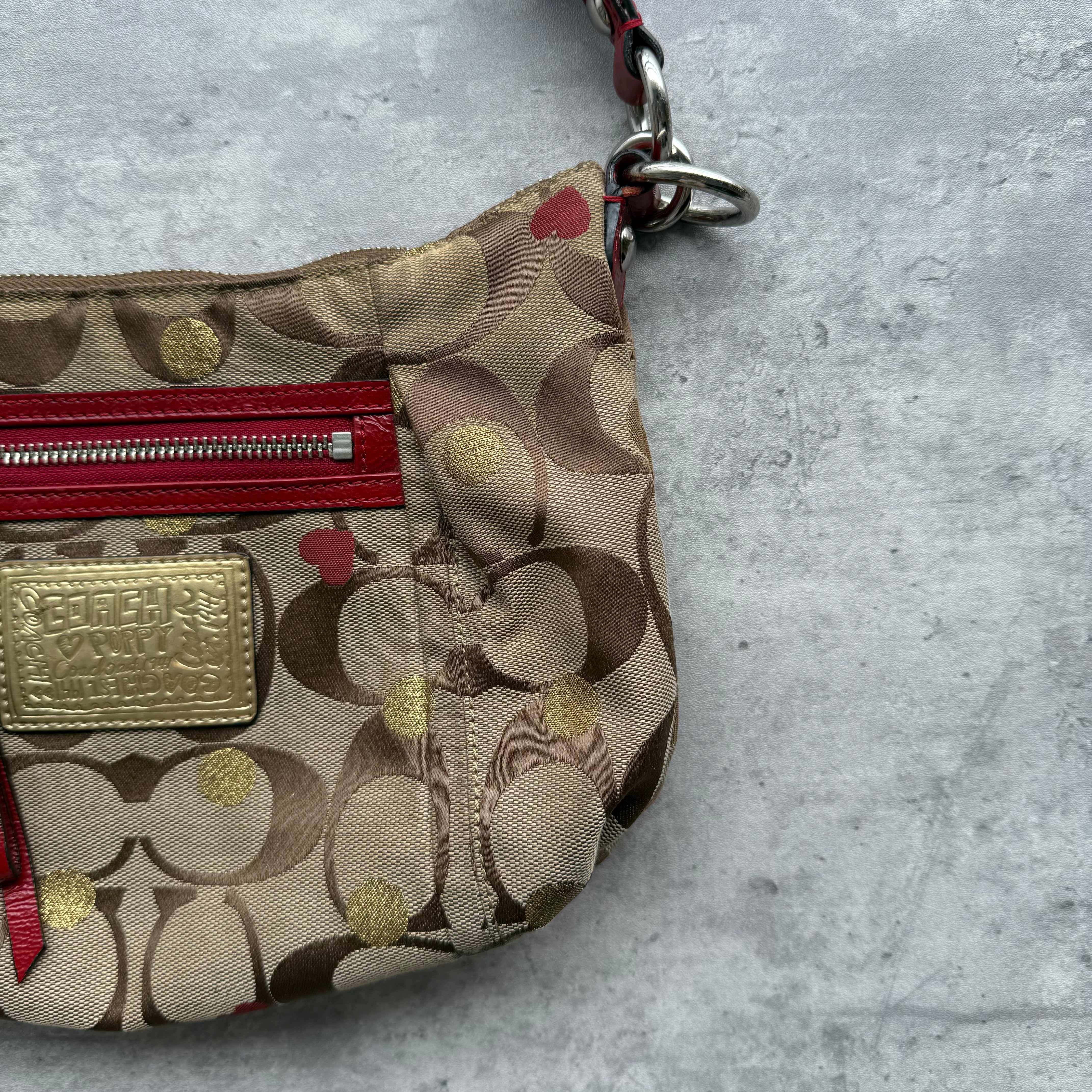 Coach 2Way Signature Heart Shoulder Bag Beige/Red