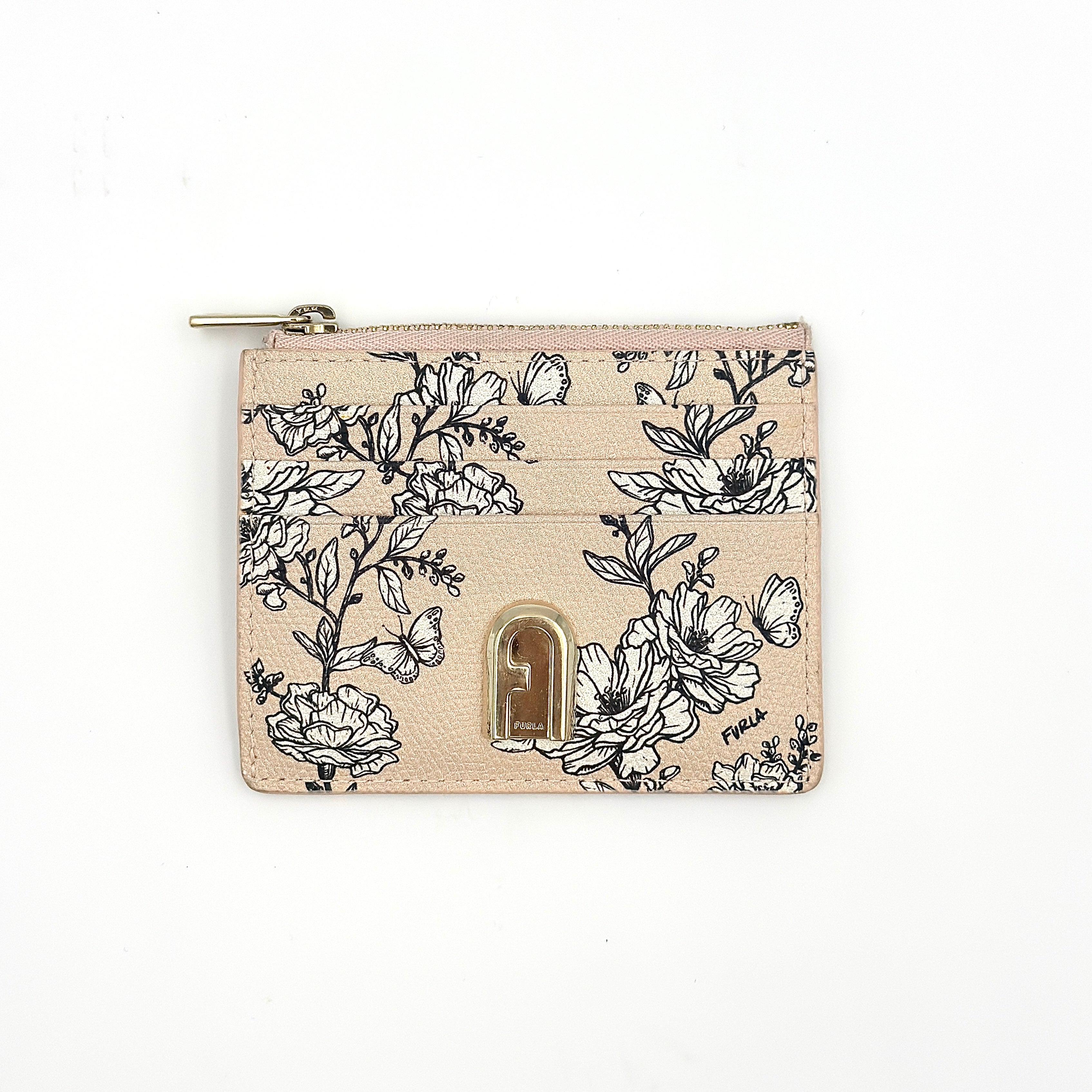 Furla Floral Leather Card Case Light Pink