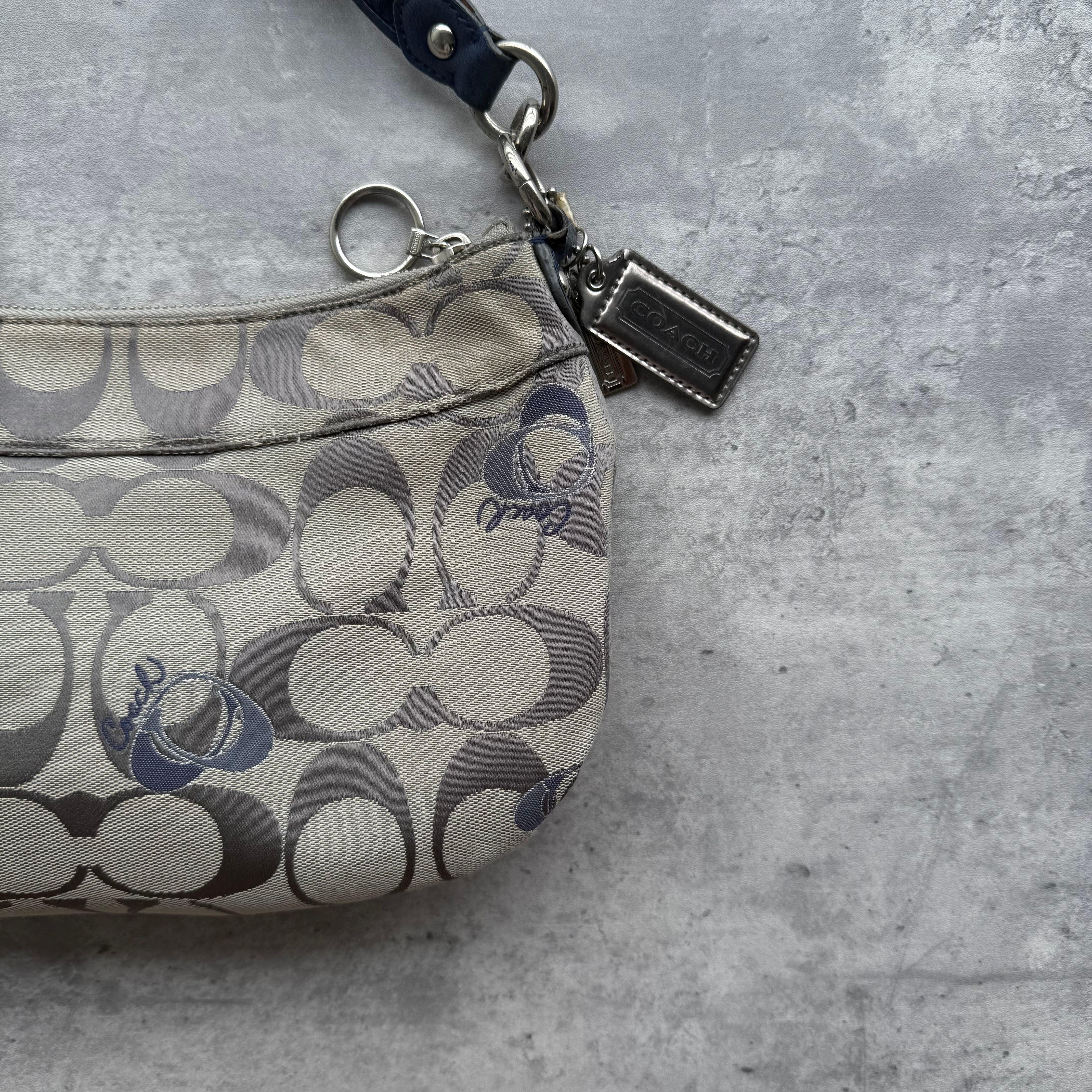 Coach 2Way Signature Embroidered Hearts Shoulder Bag Grey/Blue