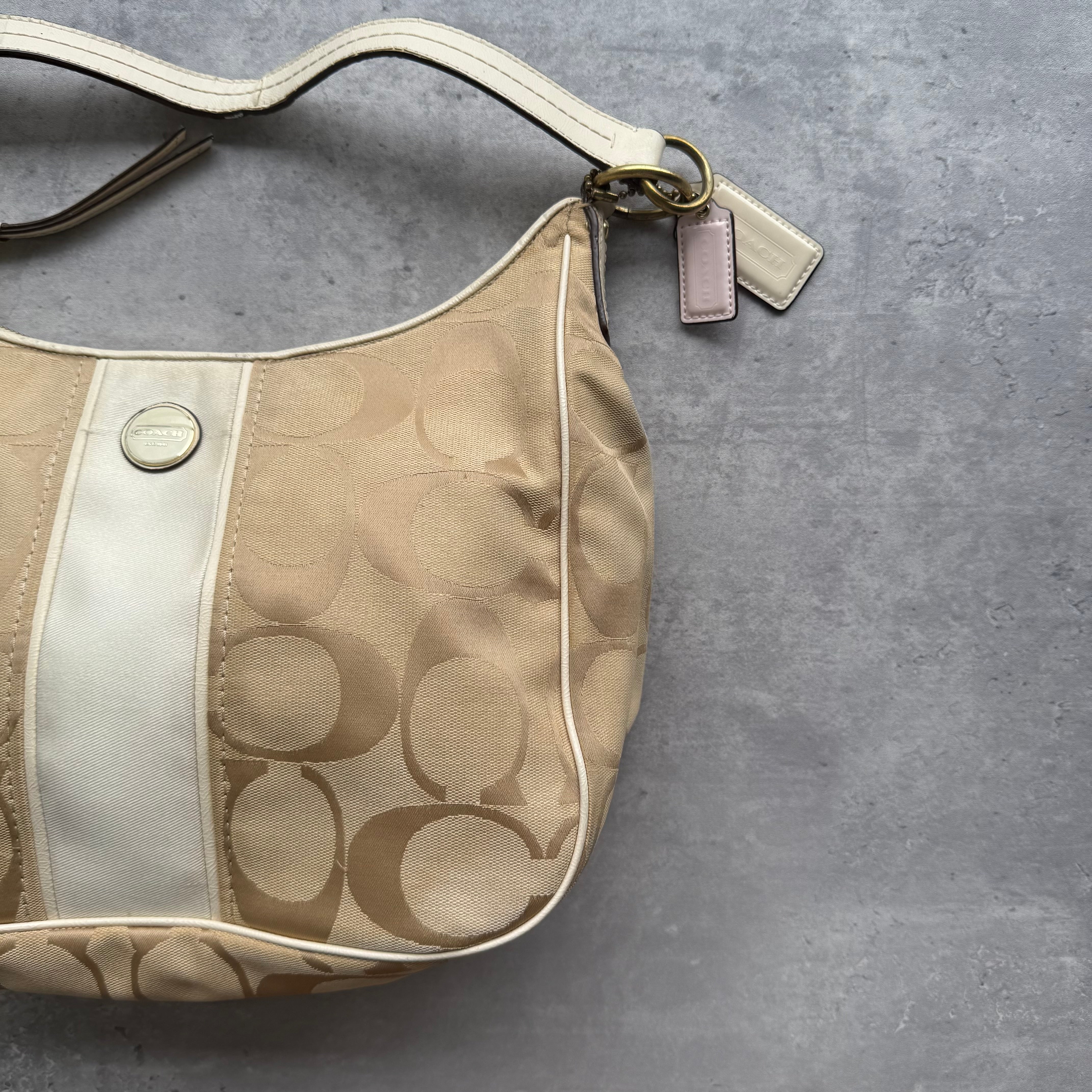 Coach 2Way Signature Stripe Large ShoulderBag Beige/White