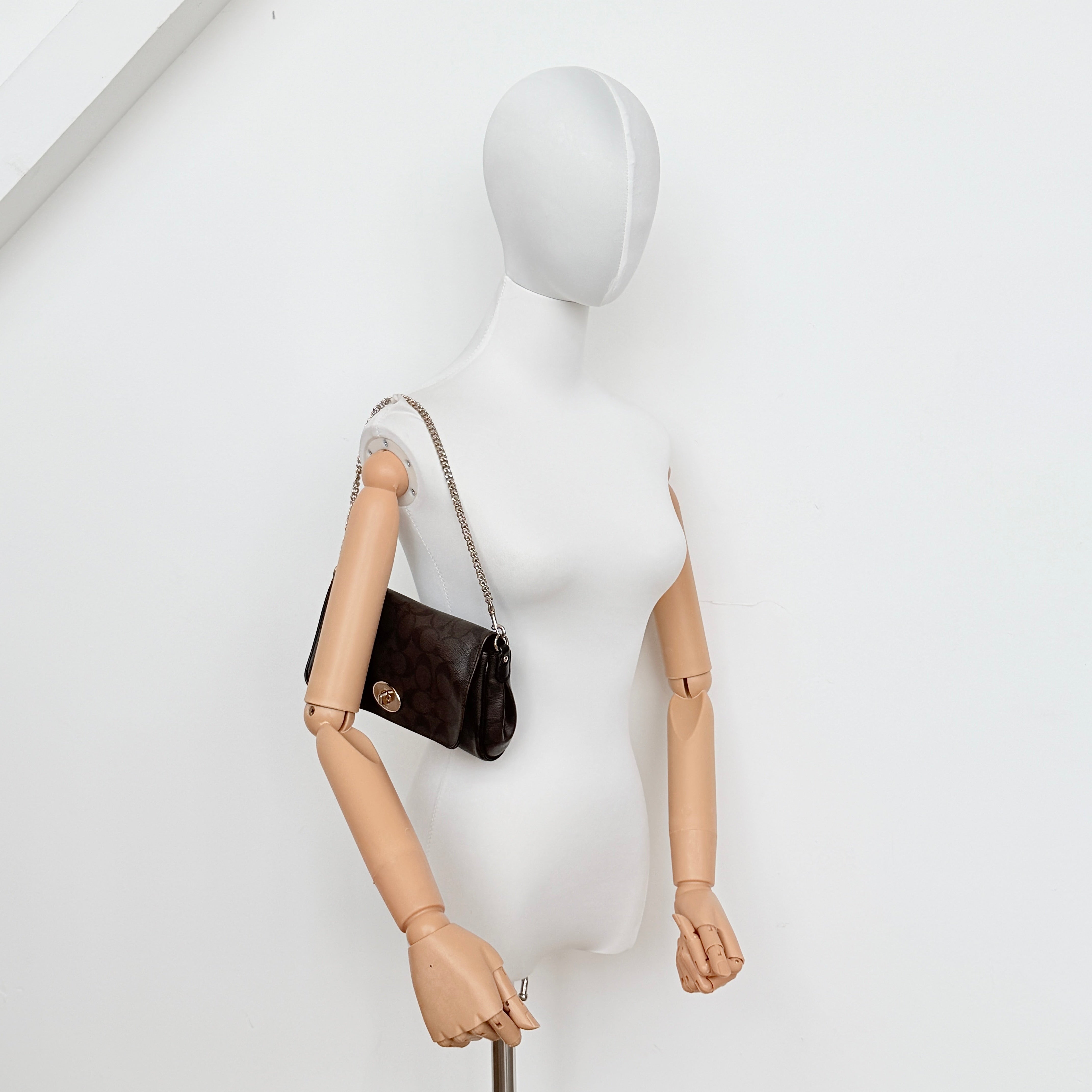 Coach Signature Ruby shoulder bag in brown and black with gold chain strap and detachable leather crossbody strap, displayed on a white background.