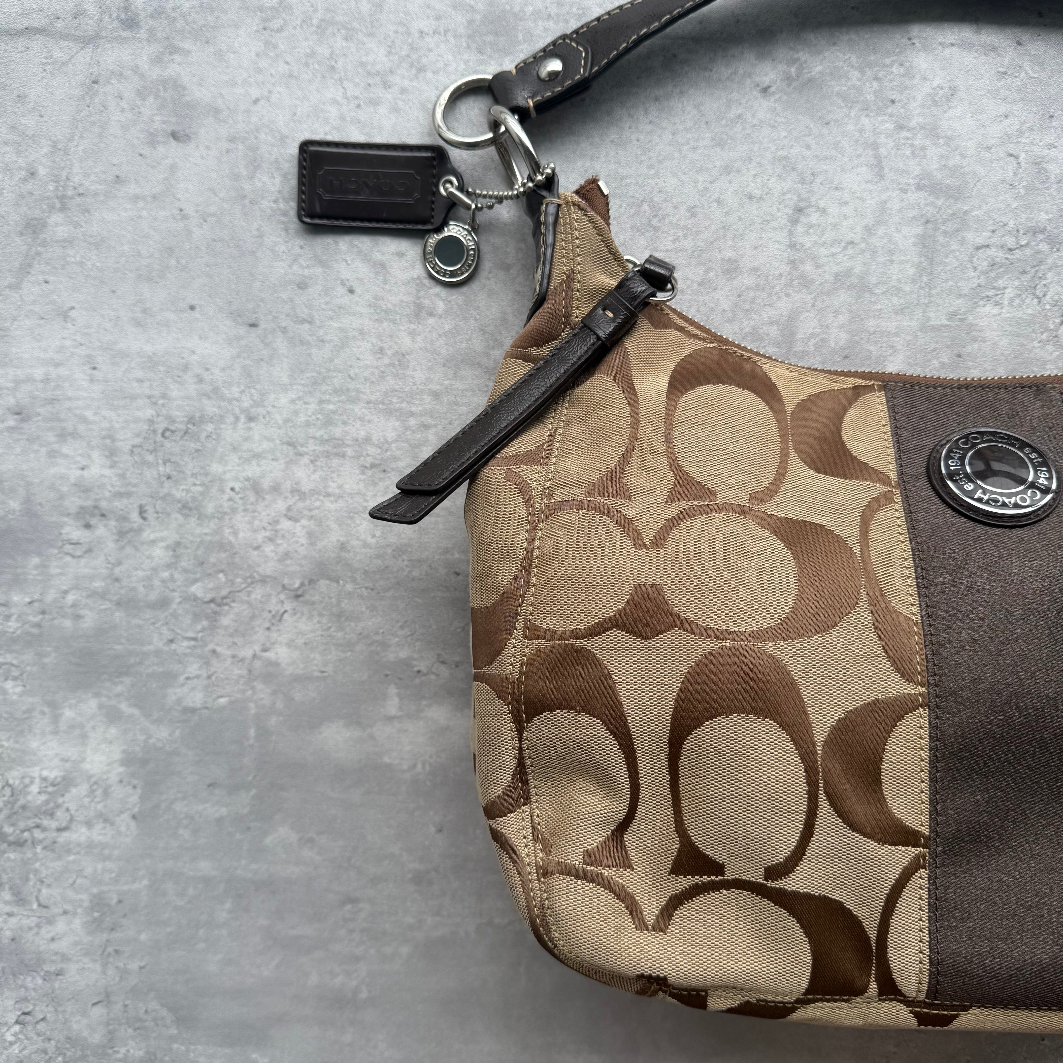 Coach 2Way Signature Stripe Large ShoulderBag Beige/Brown