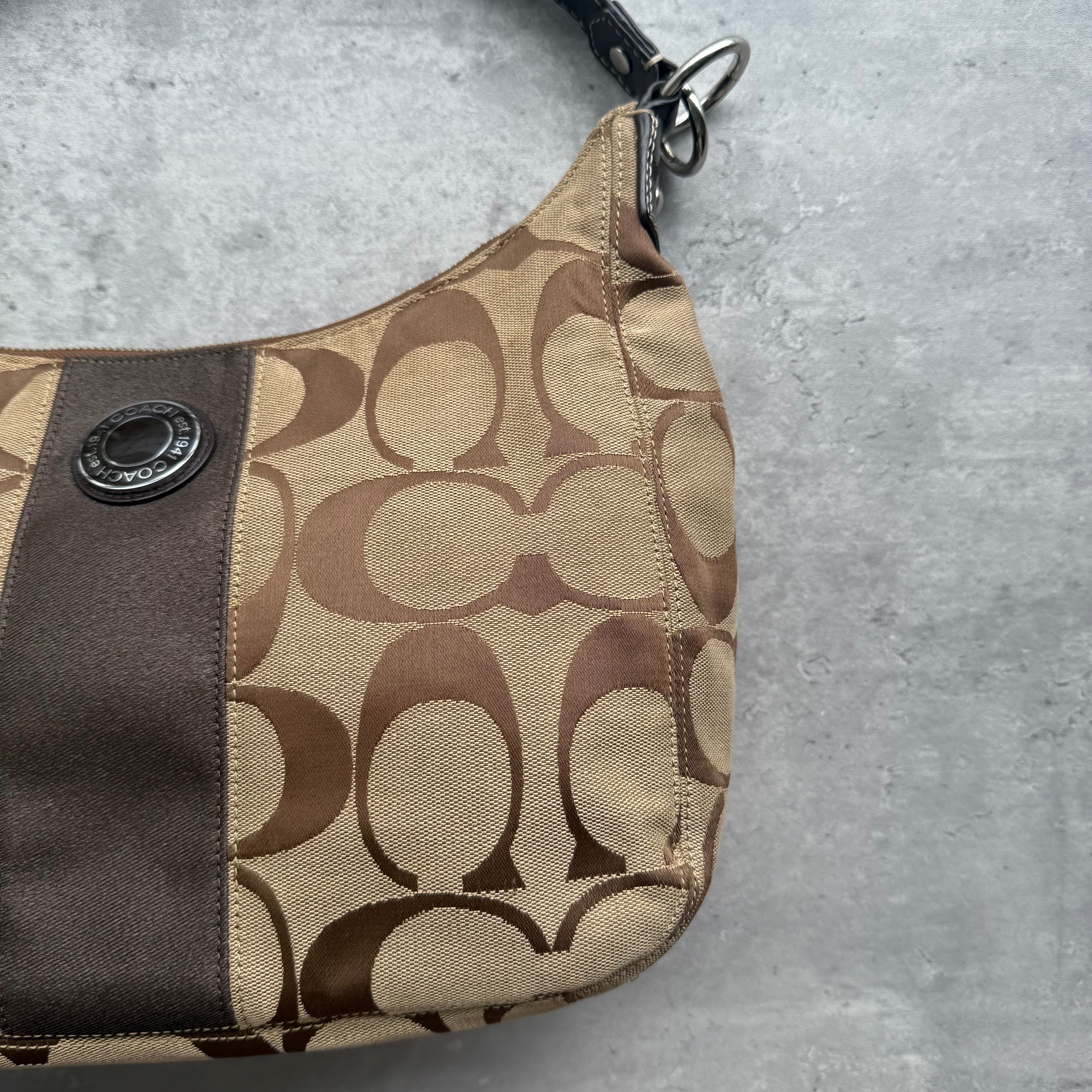 Coach 2Way Signature Stripe Large ShoulderBag Beige/Brown