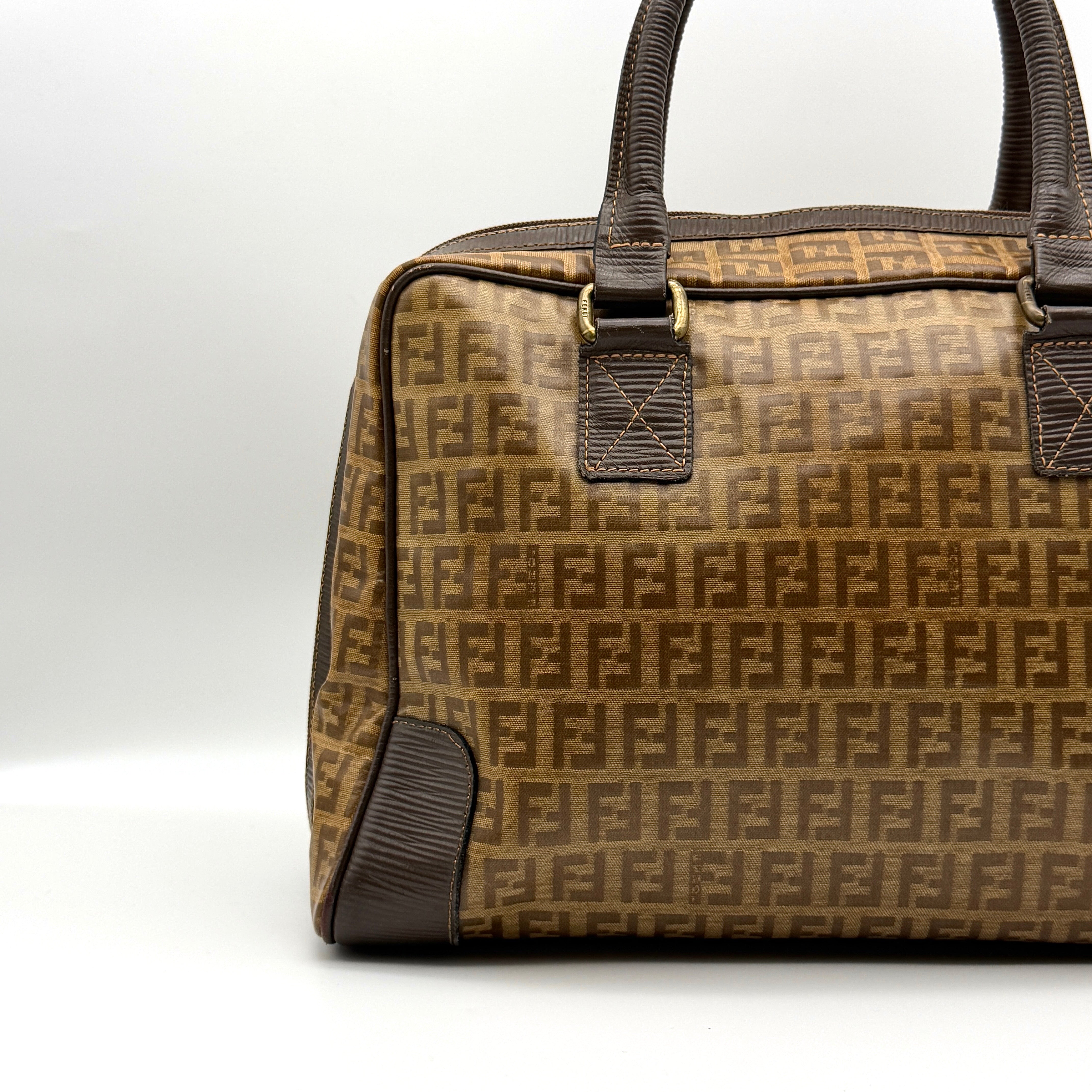 Fendi Zucchino FF Monogram Boston Handbag Brown