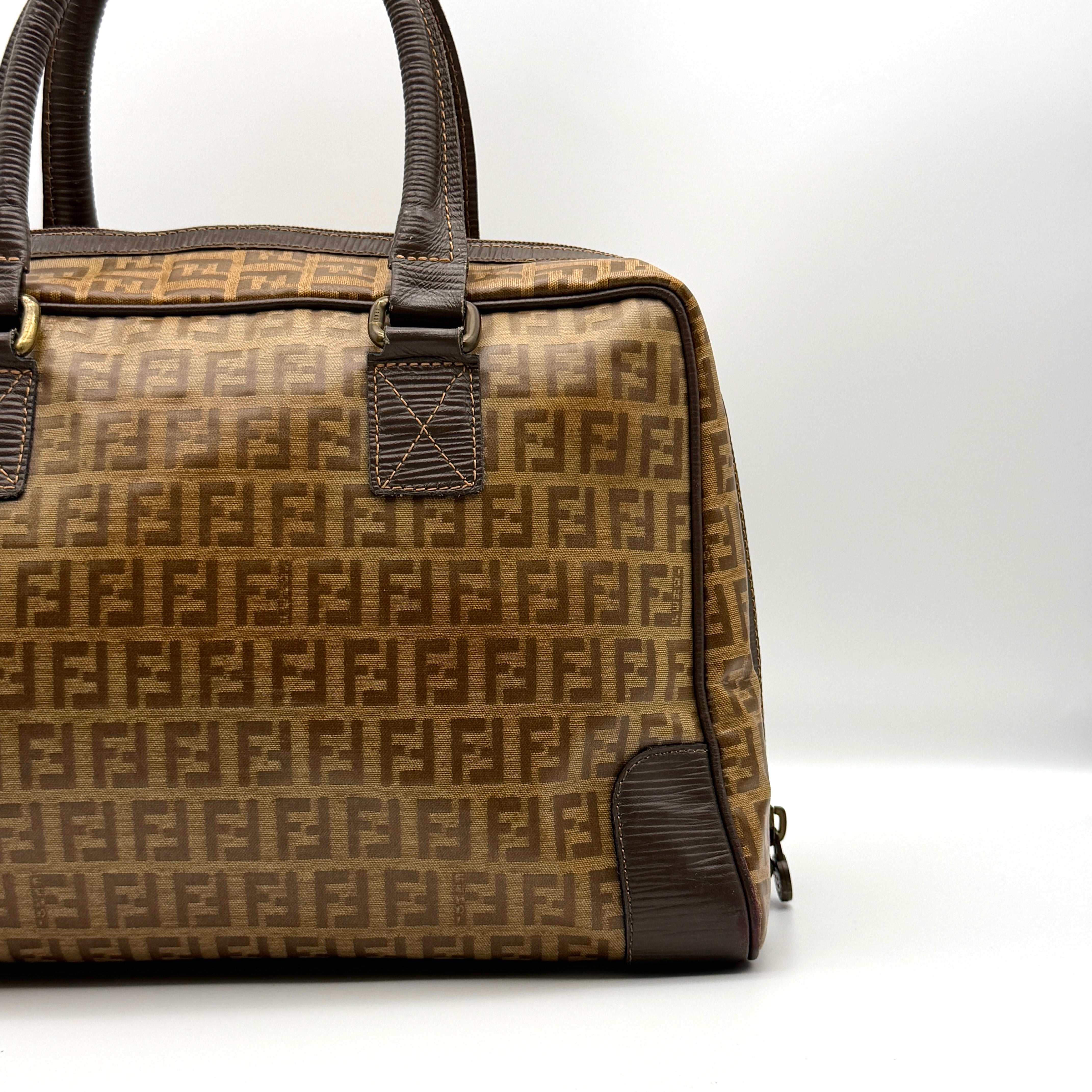Fendi Zucchino FF Monogram Boston Handbag Brown
