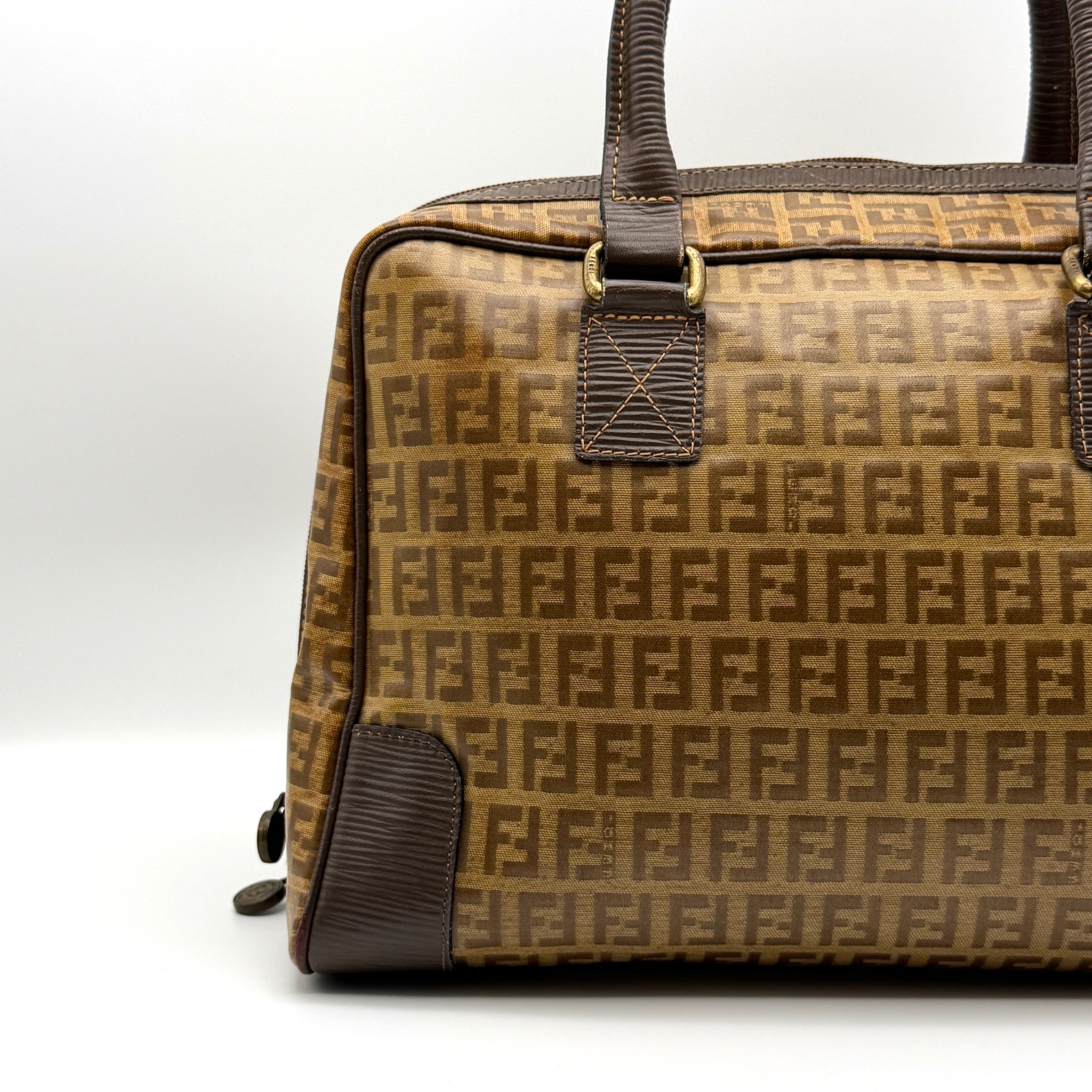 Fendi Zucchino FF Monogram Boston Handbag Brown