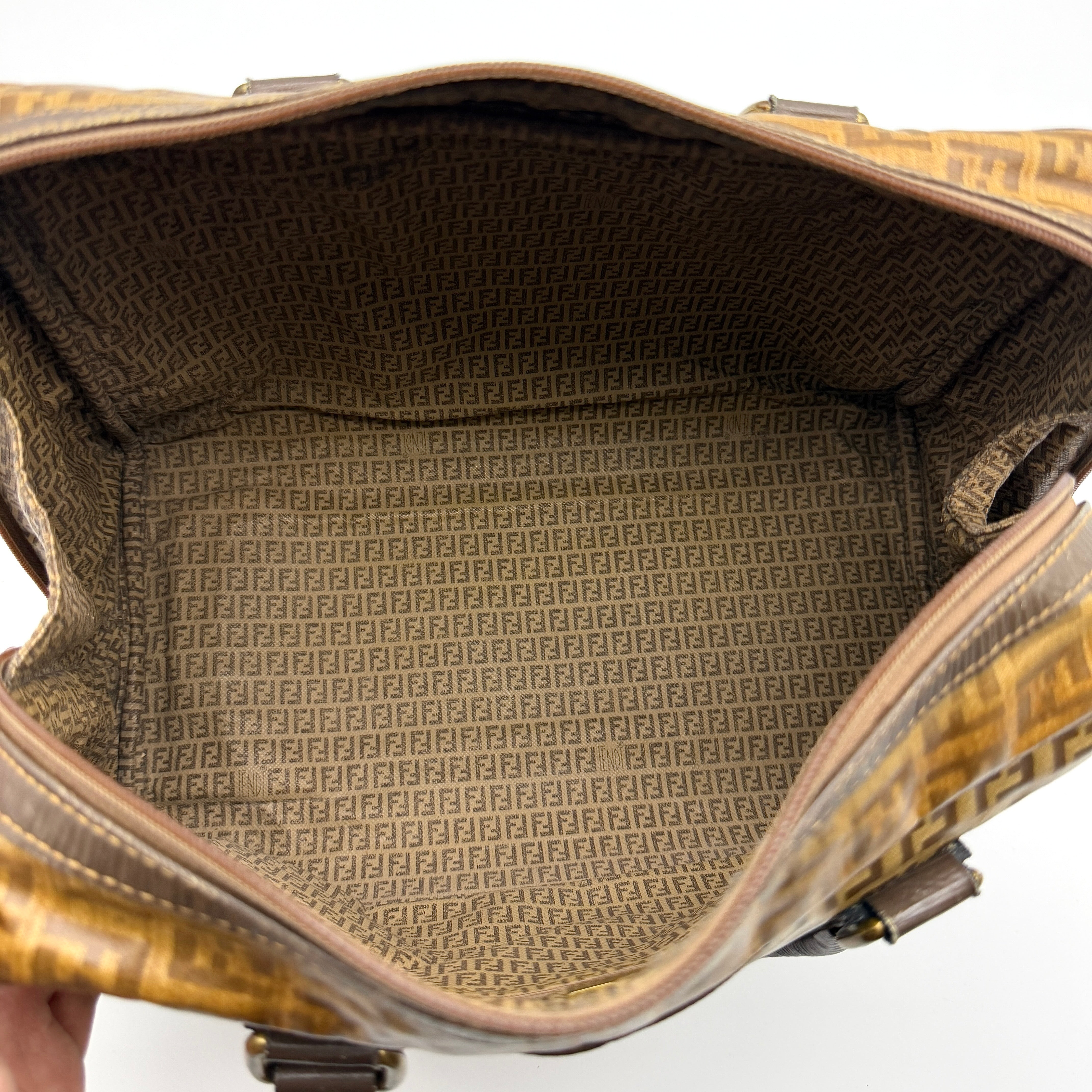 Fendi Zucchino FF Monogram Boston Handbag Brown