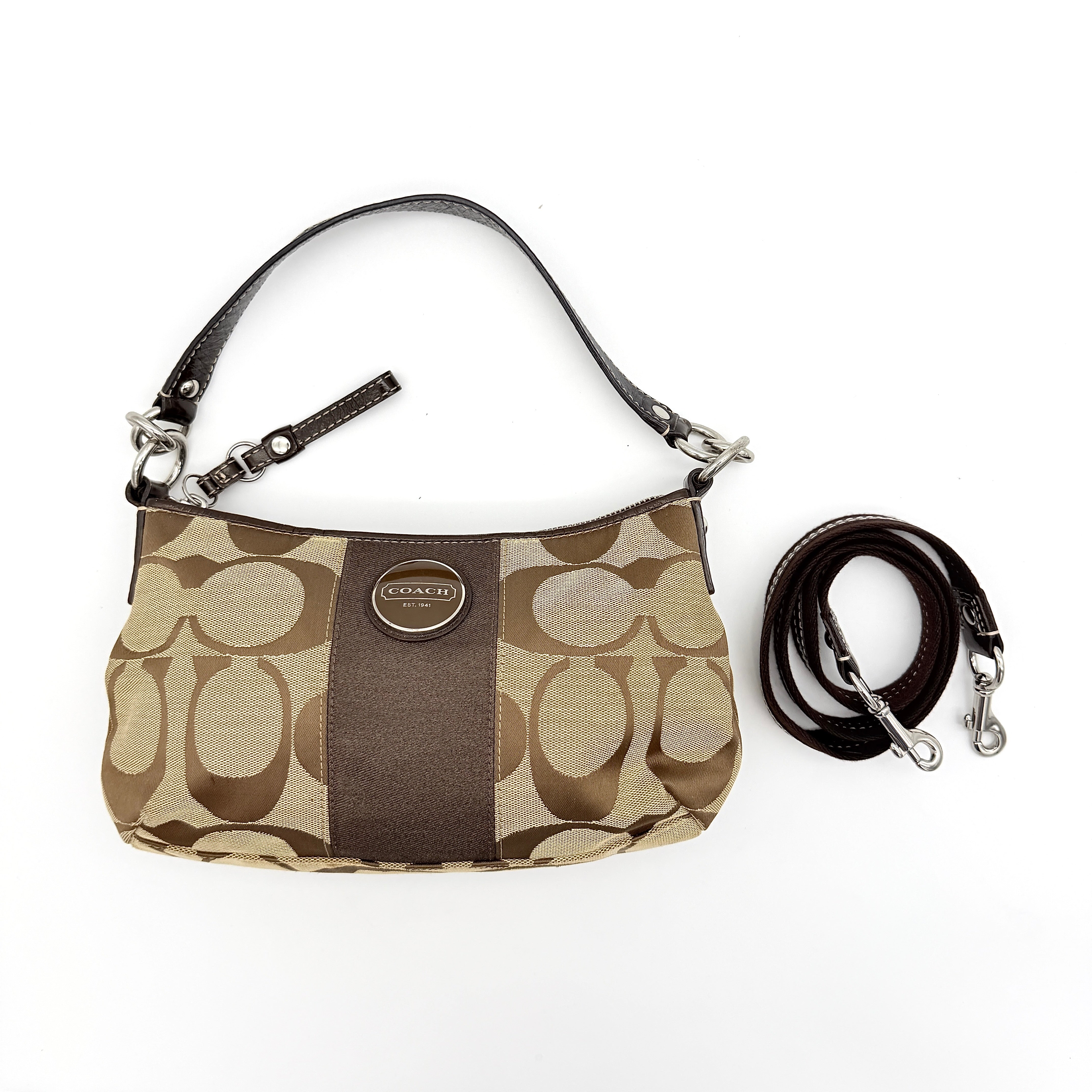 Coach beige and brown 2Way Signature Stripe shoulder bag with silver hardware, leather trim, and detachable straps.