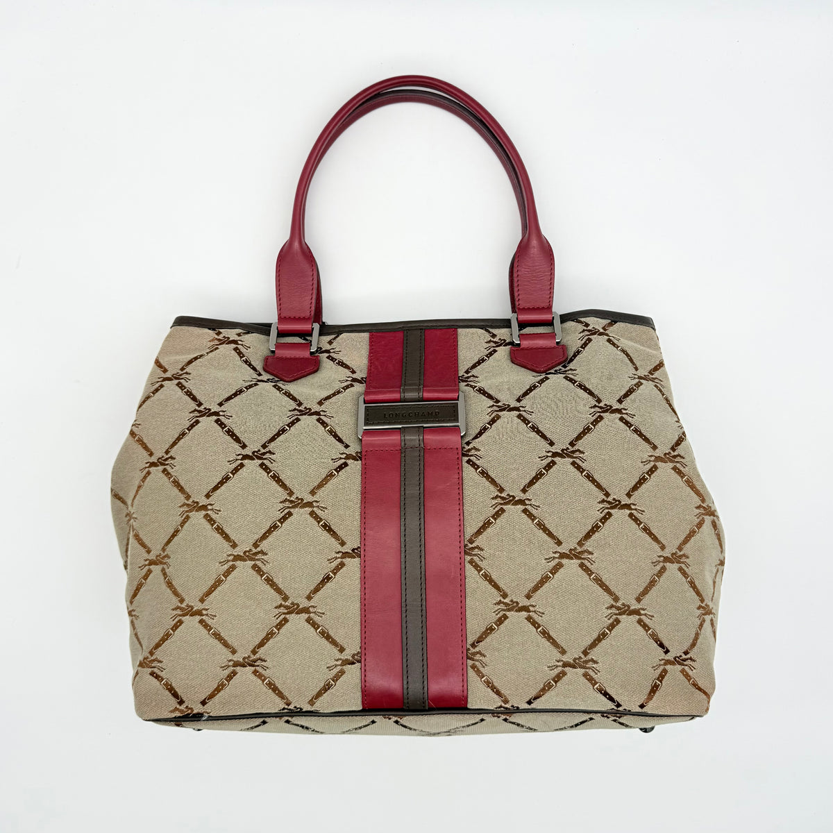 Longchamp Monogram Jacquard Canvas Tote Bag Red/Beige