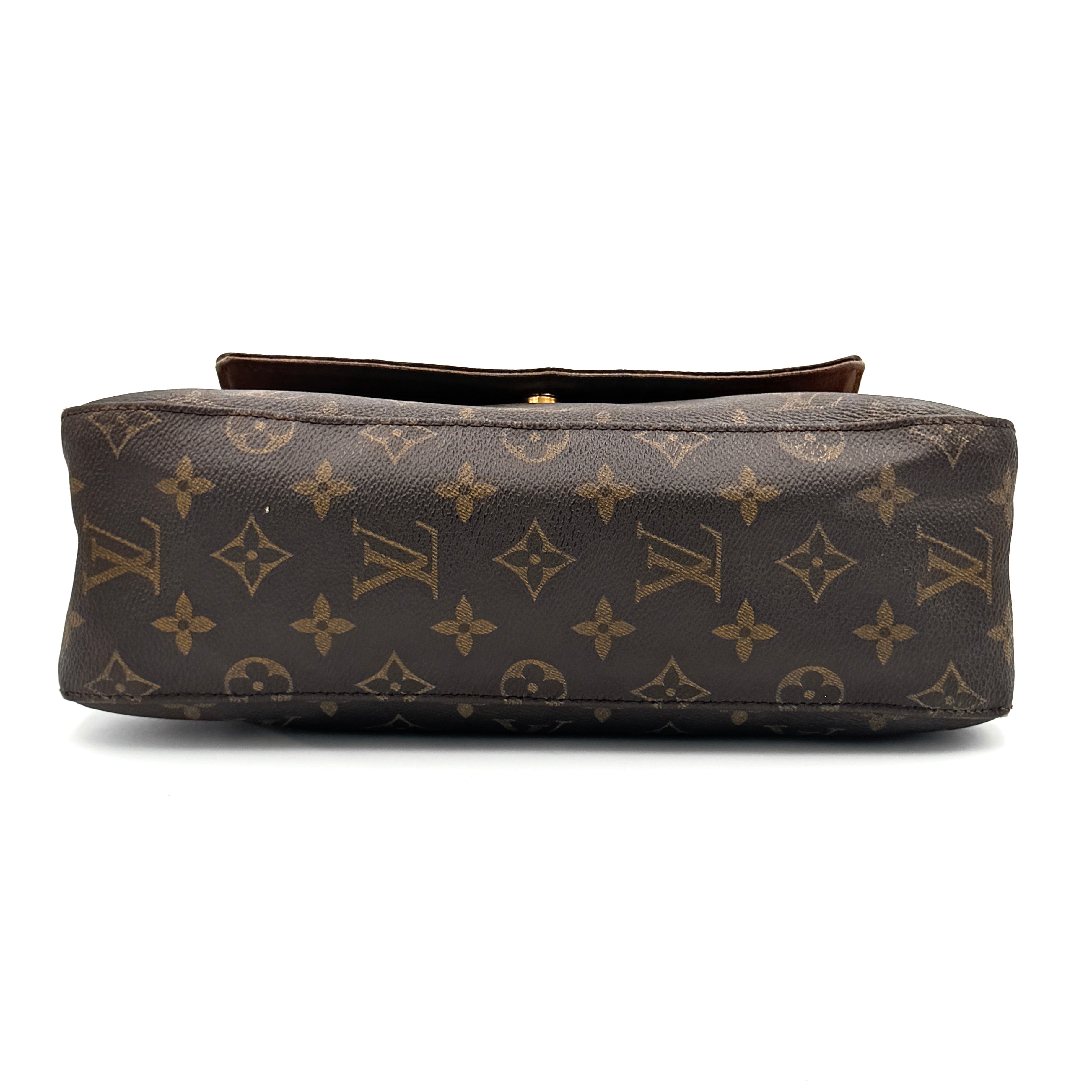 Louis Vuitton Monogram Mini Looping Shoulder Bag in brown monogram canvas with curved vachetta leather shoulder strap displayed upright.