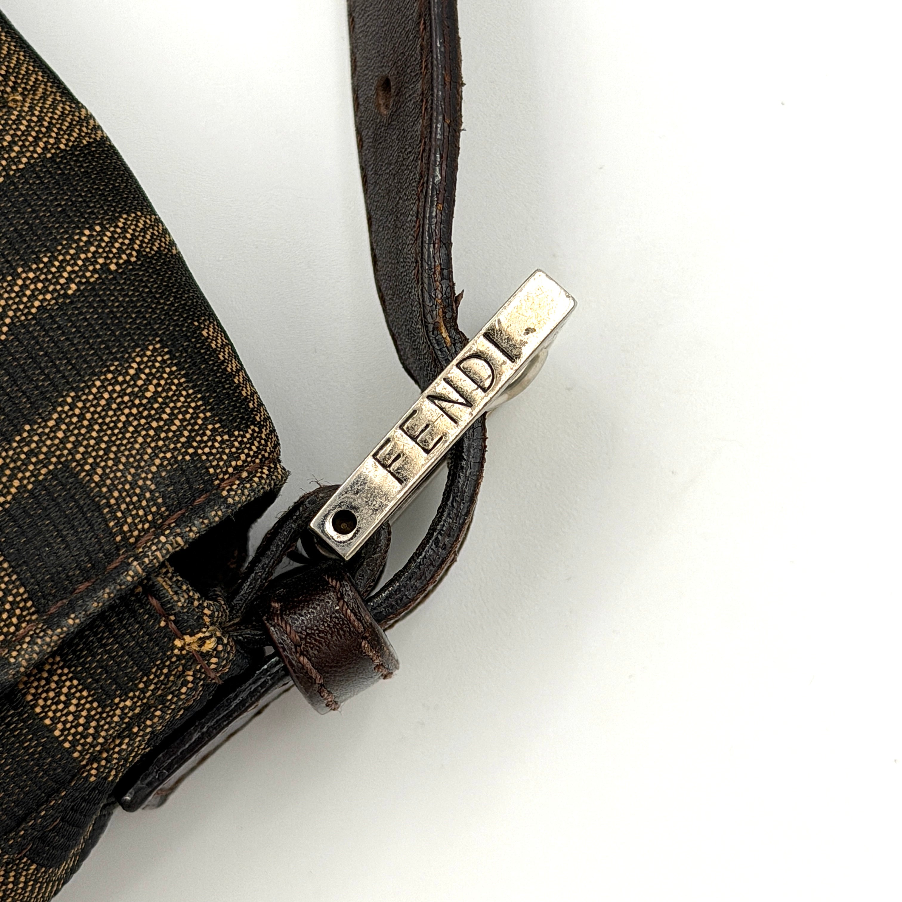 Fendi Zucca Print Baguette Bag in brown monogram canvas with silver-tone FF clasp and leather trim shown against a white background.