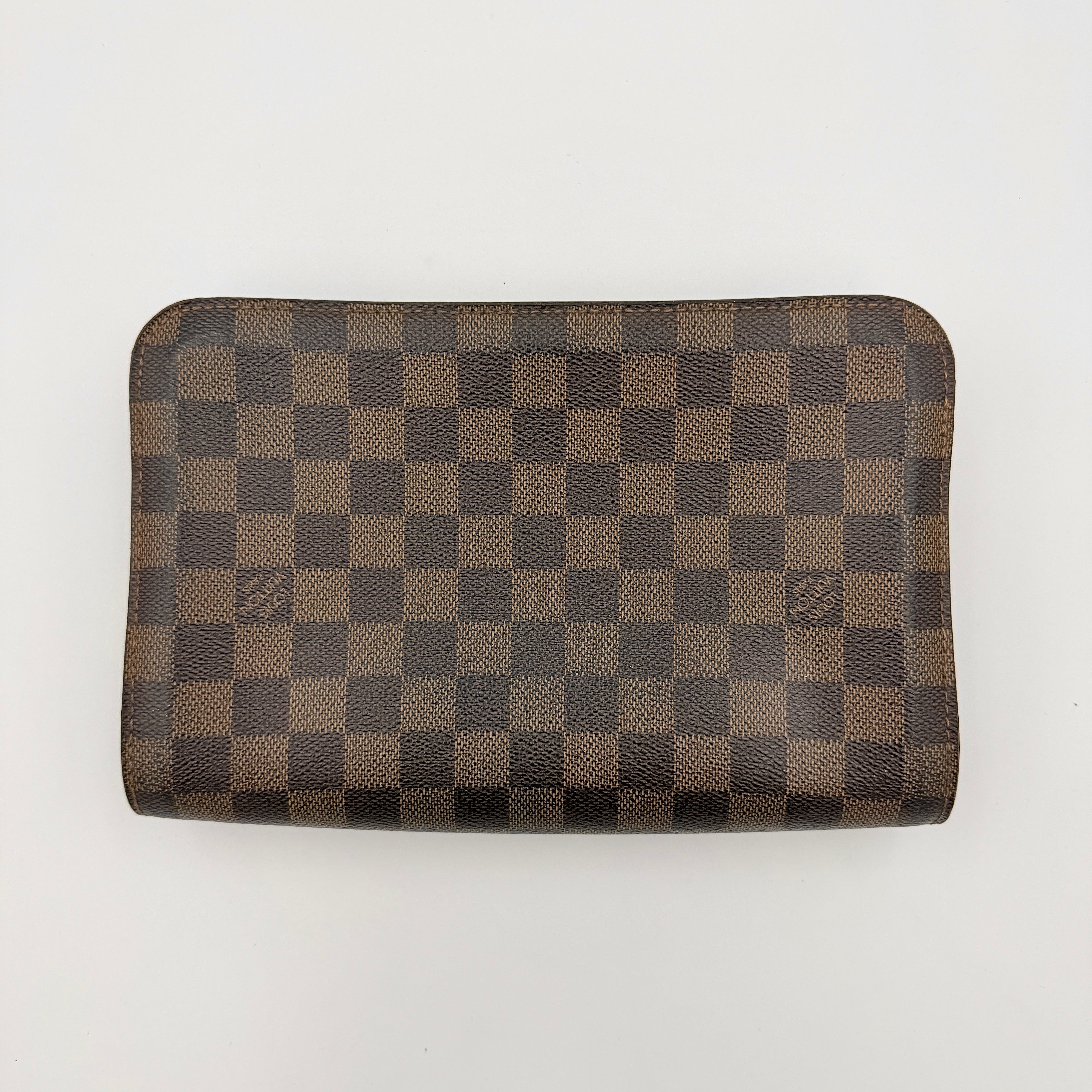 Louis Vuitton Saint Louis Damier Clutch Bag in brown Damier Ebene canvas with chocolate leather trim and gold-tone hardware, photographed on white background.