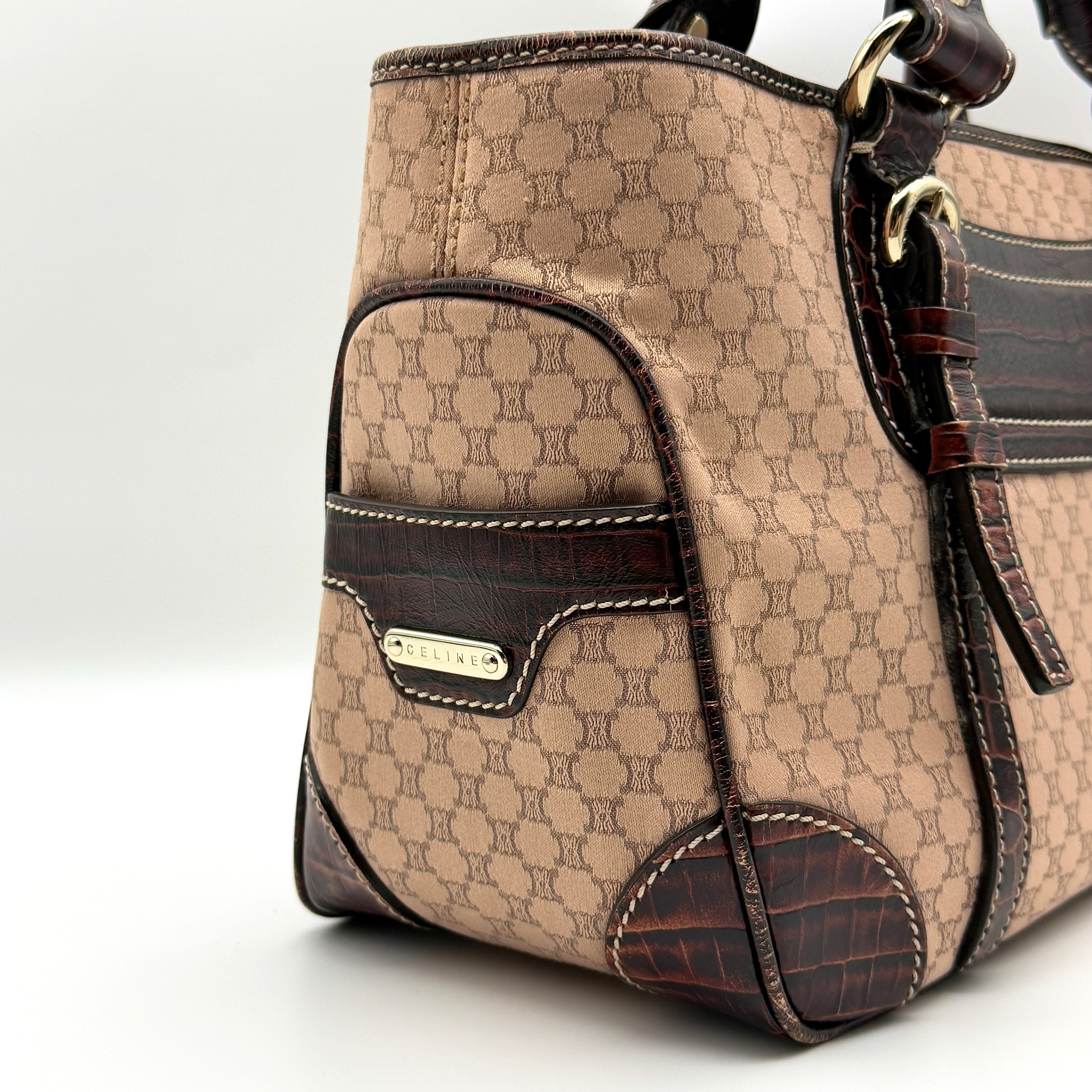 Celine Macadam Boogie Leather Canvas HandBag Pink/Maroon