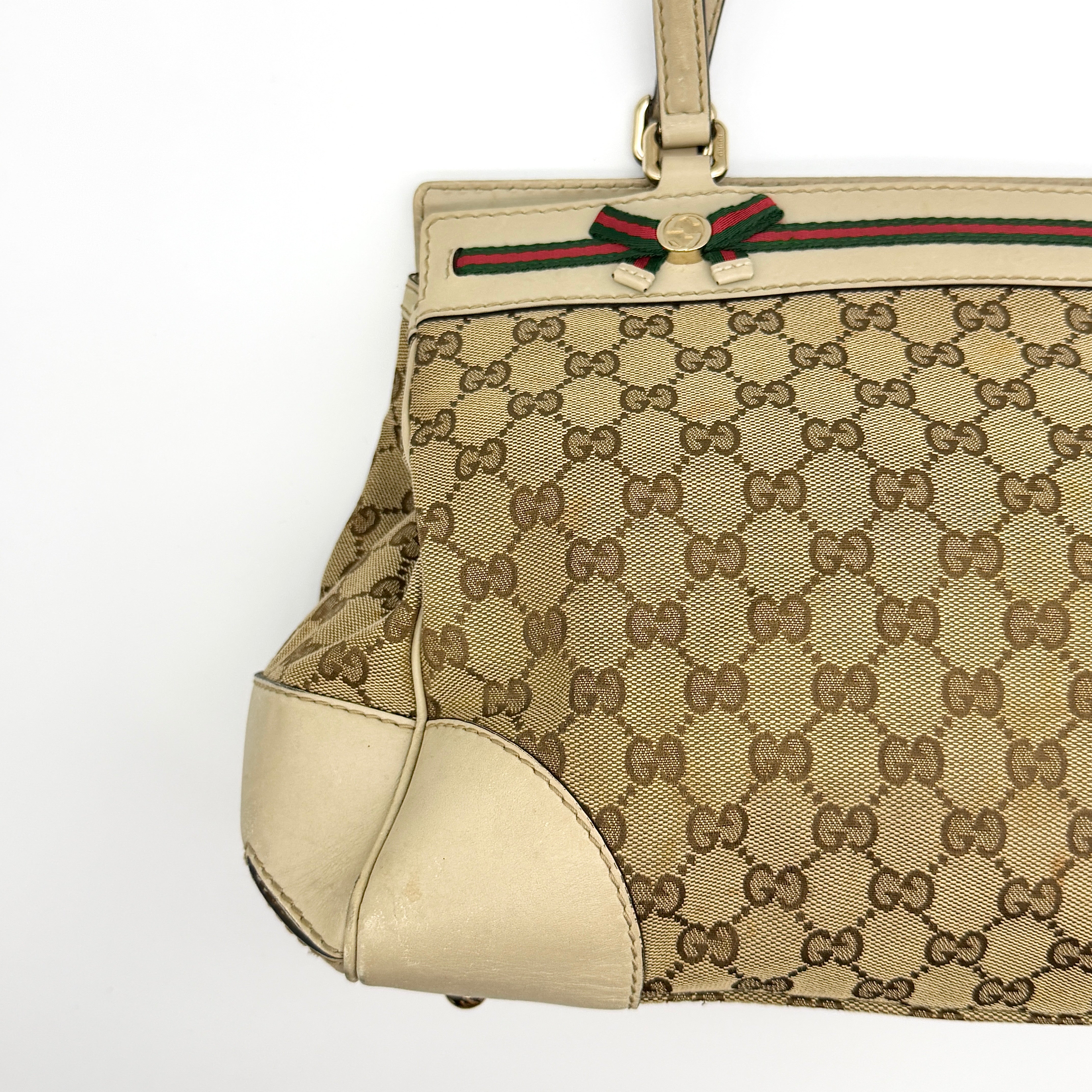 Gucci GG Monogram Ribbon Shoulder Bag Beige/White