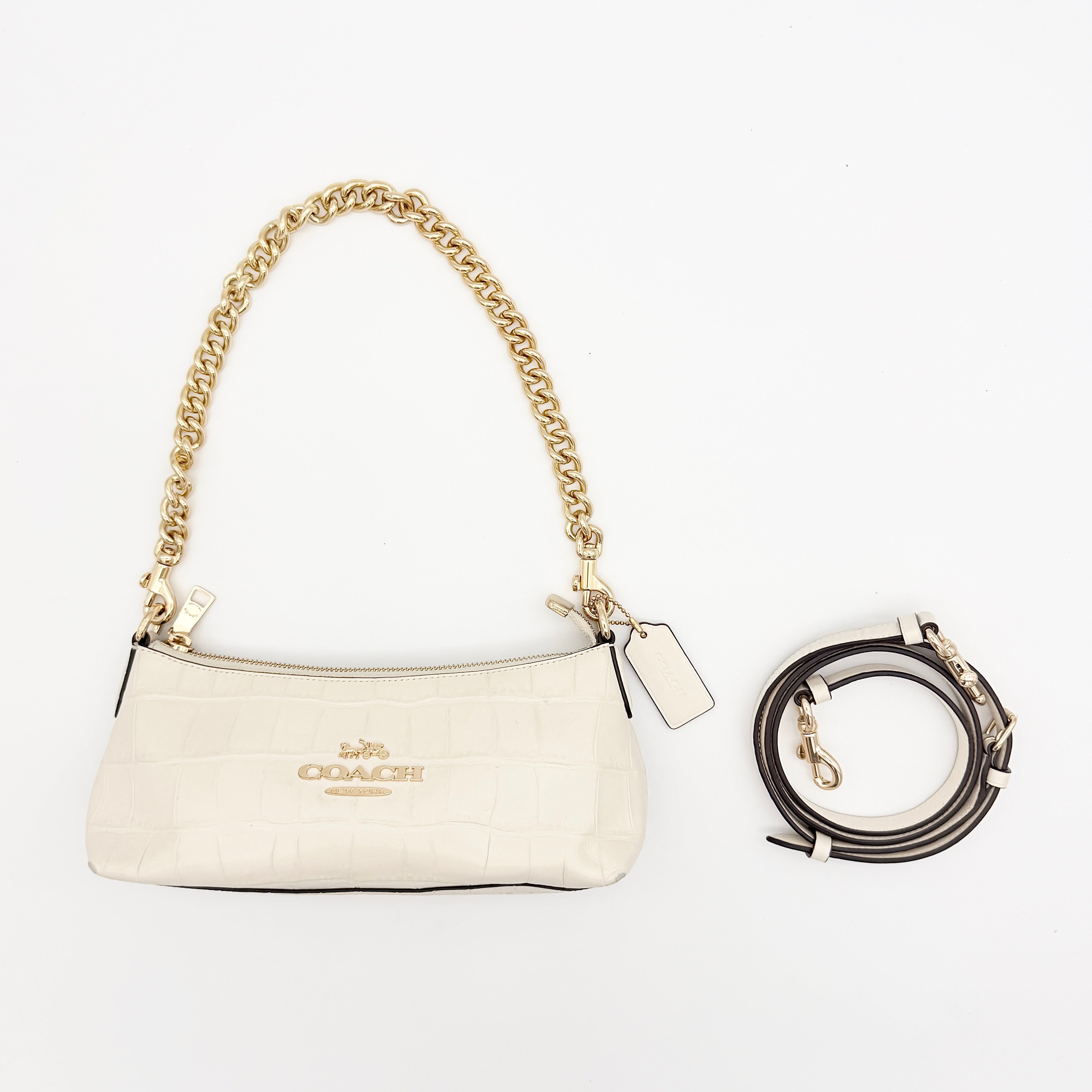 Coach 2Way Charlotte Croc Embossed Chain Shoulder Bag Ivory