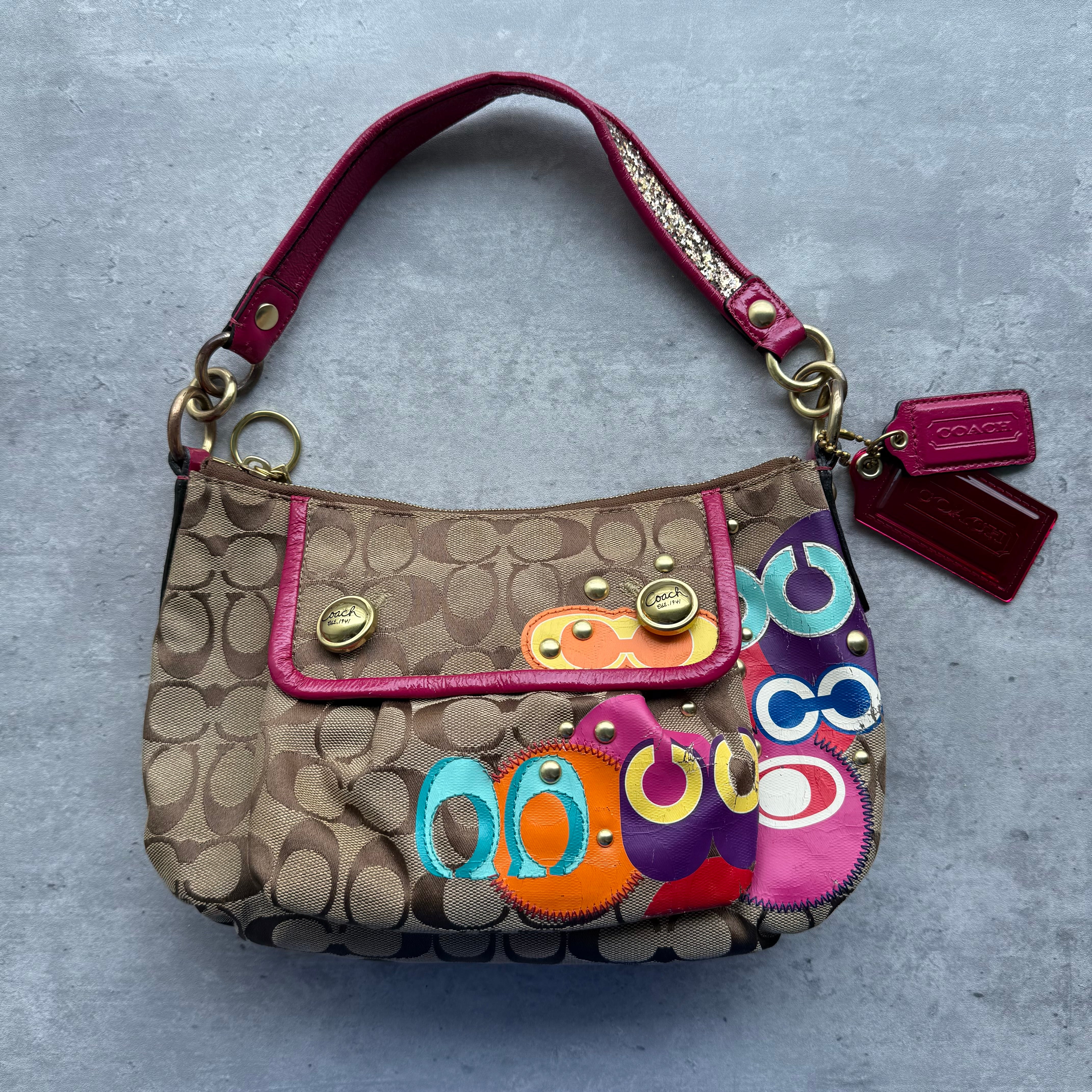 Coach 2Way Signature Poppy Glitter Shoulder Bag Beige/Pink