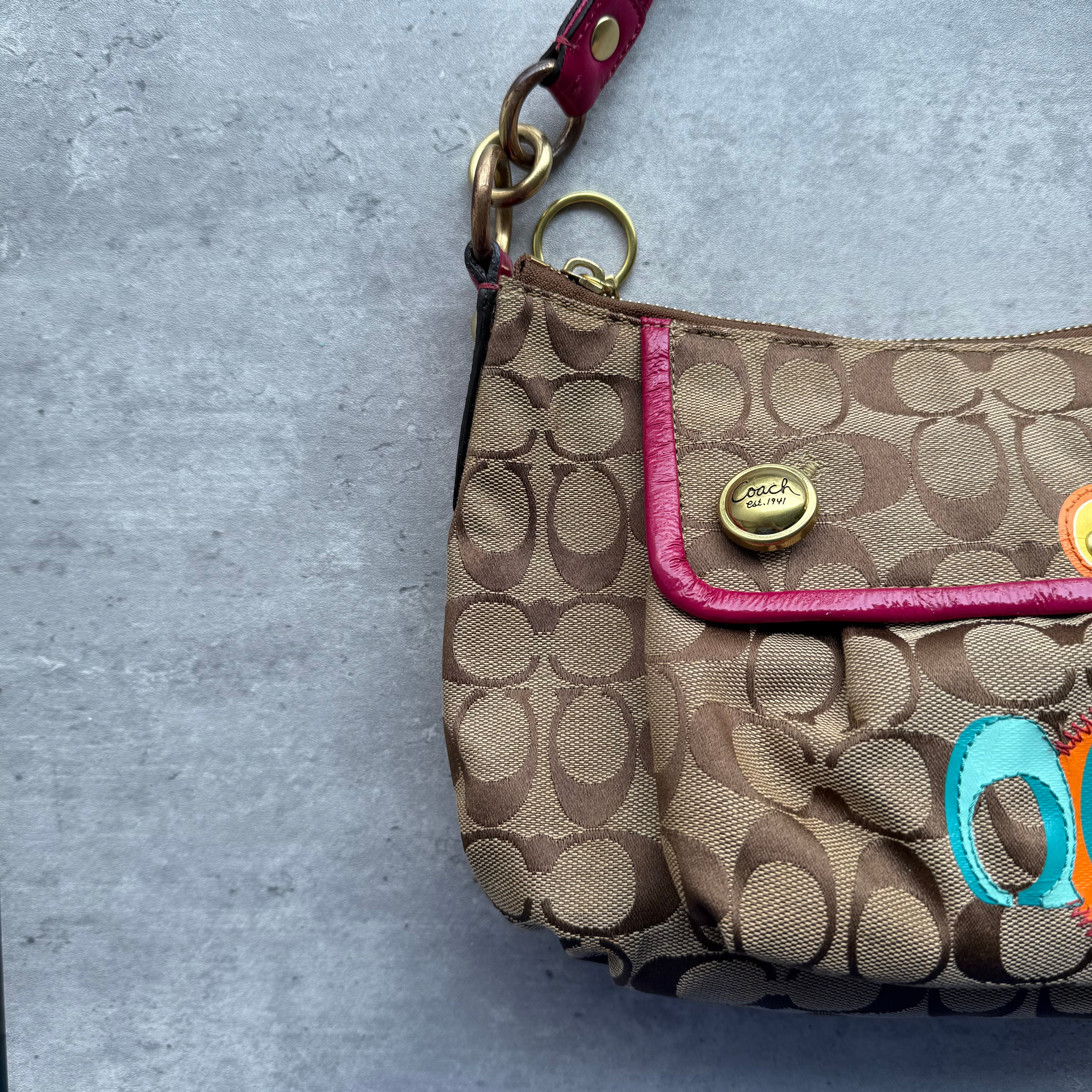 Coach 2Way Signature Poppy Glitter Shoulder Bag Beige/Pink