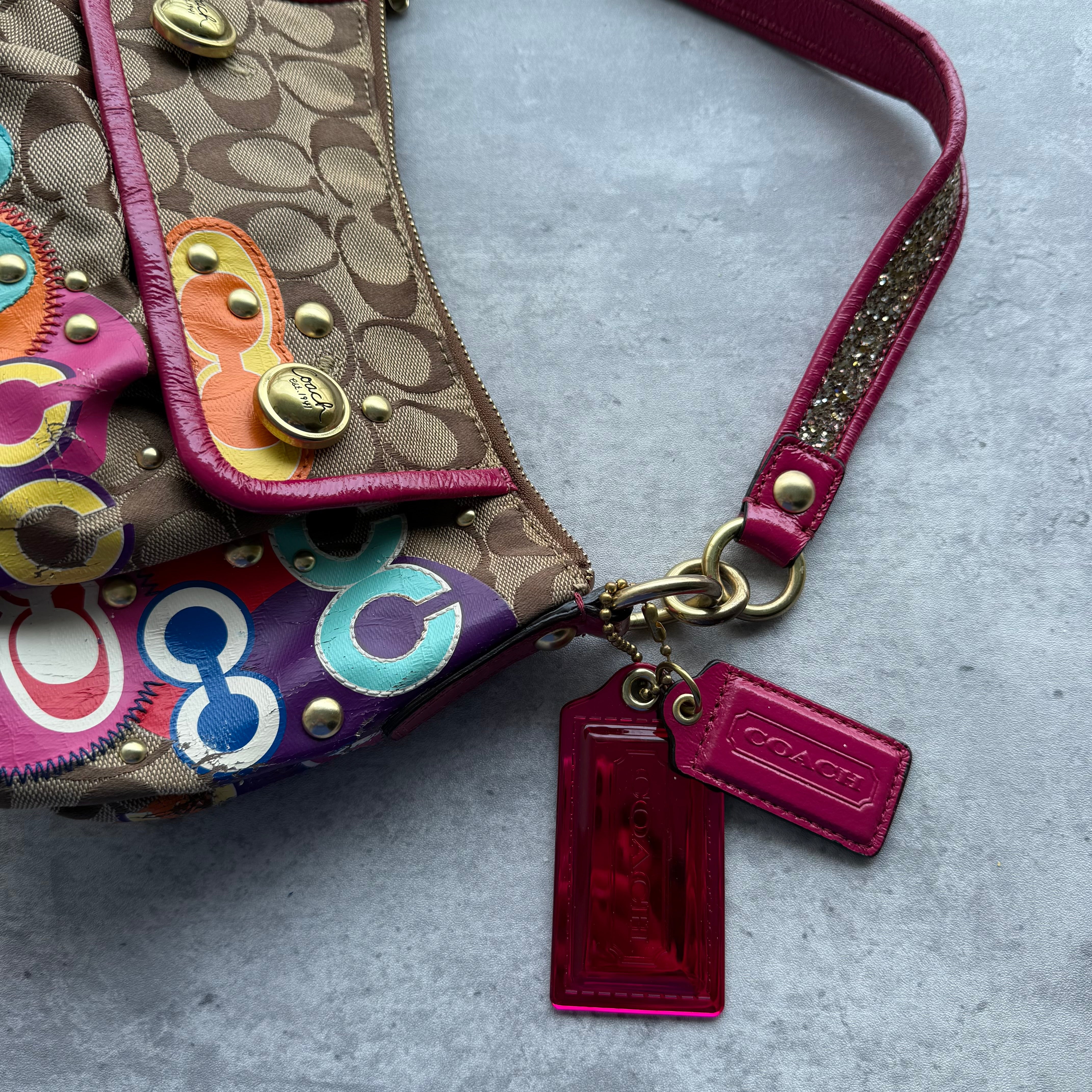 Coach 2Way Signature Poppy Glitter Shoulder Bag Beige/Pink