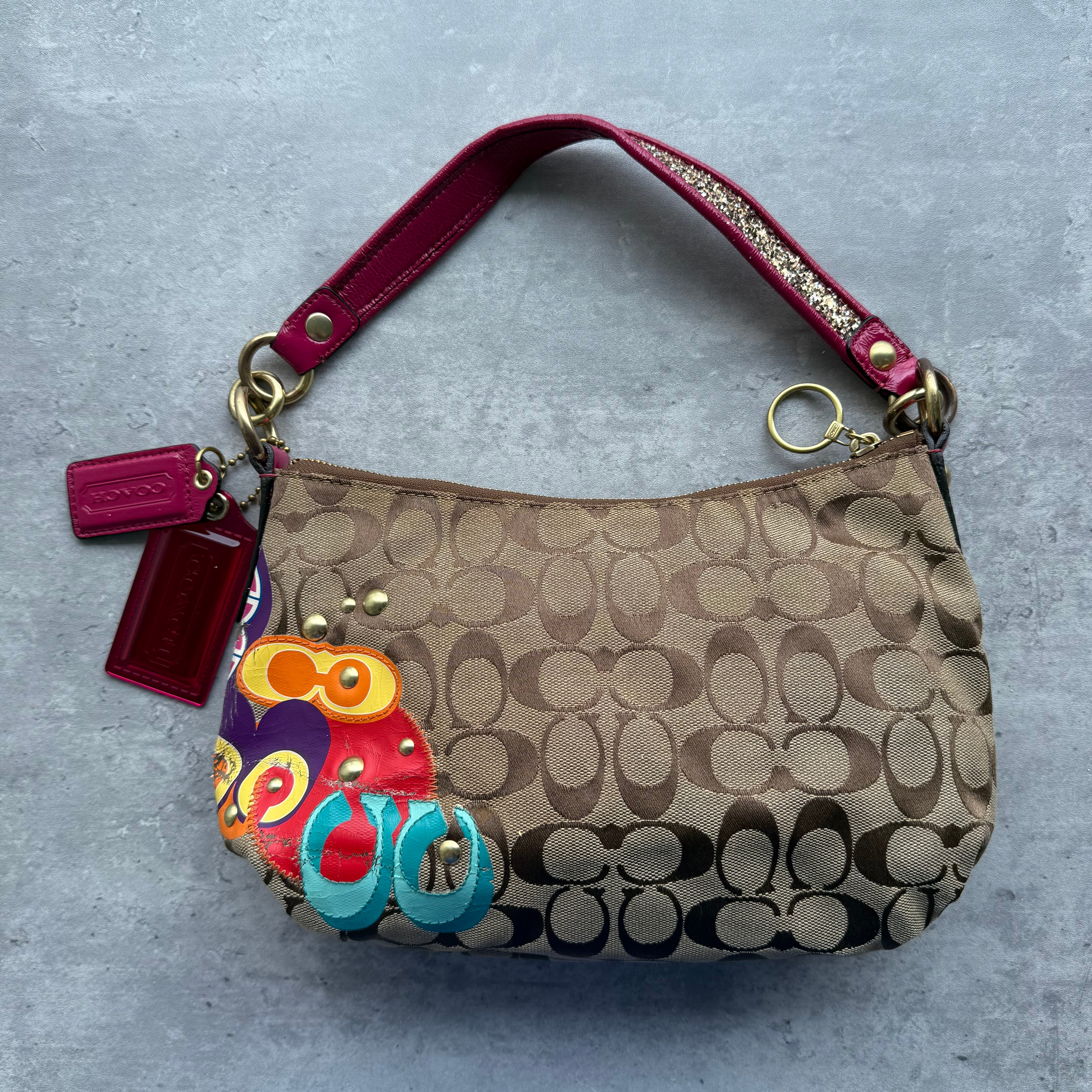 Coach 2Way Signature Poppy Glitter Shoulder Bag Beige/Pink