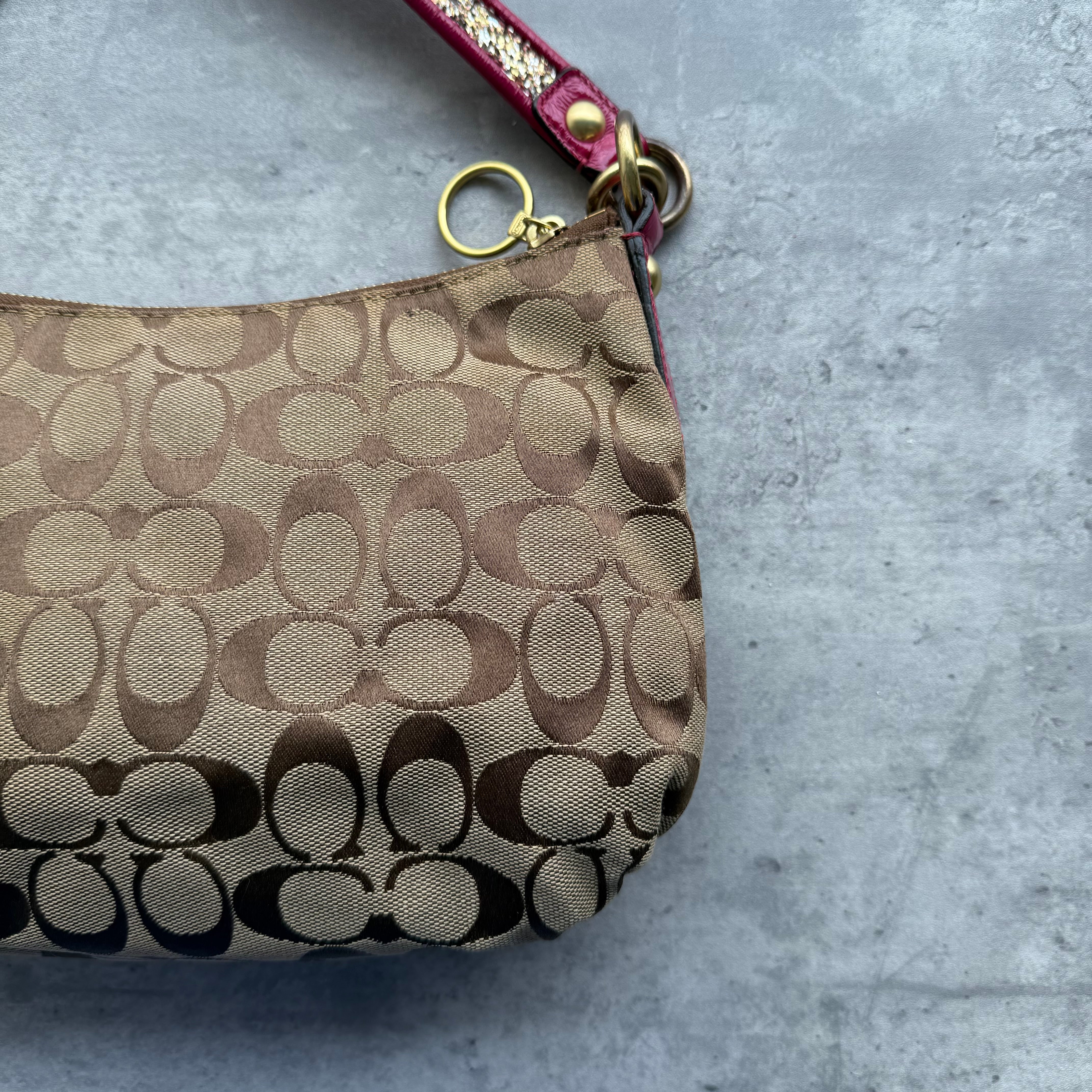 Coach 2Way Signature Poppy Glitter Shoulder Bag Beige/Pink