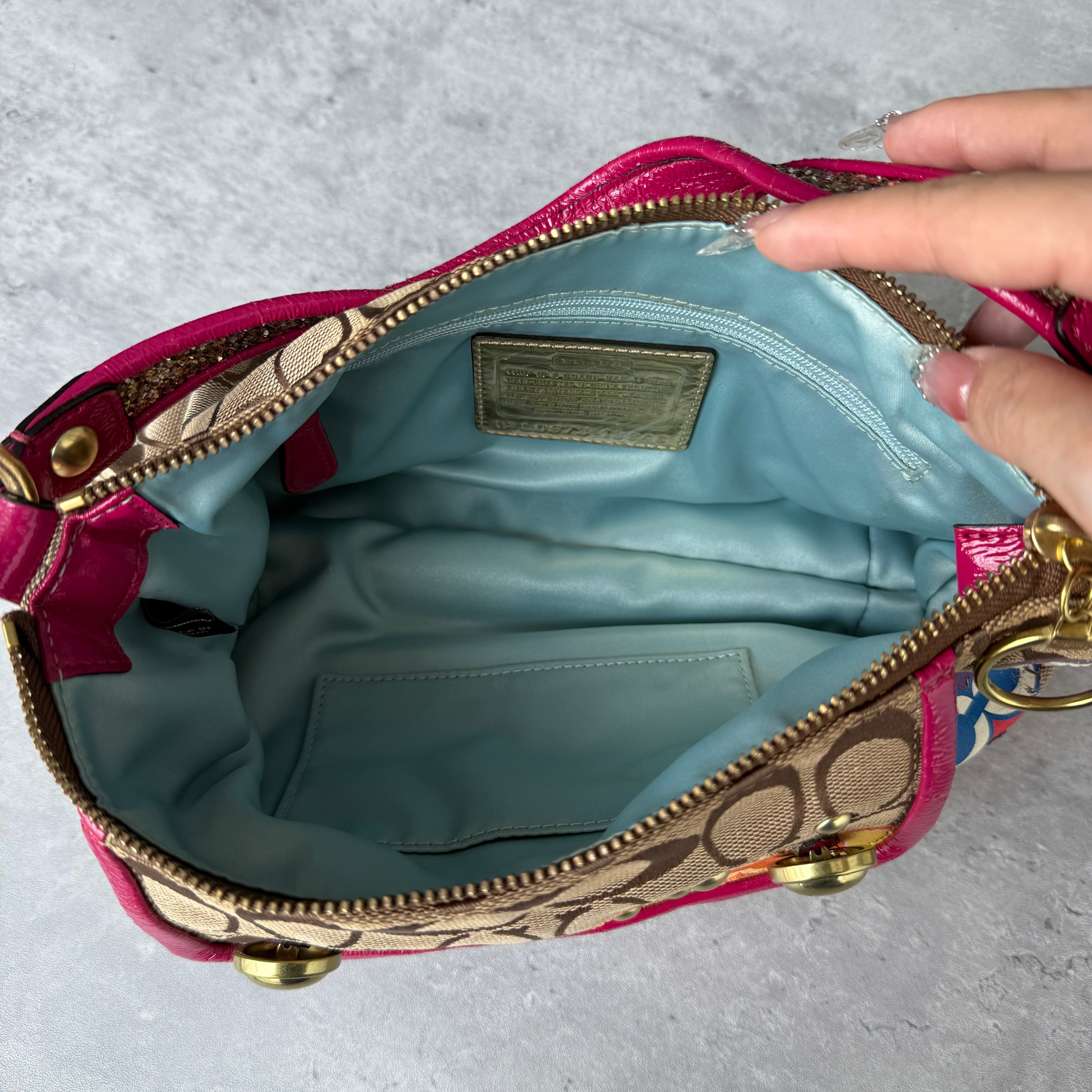 Coach 2Way Signature Poppy Glitter Shoulder Bag Beige/Pink