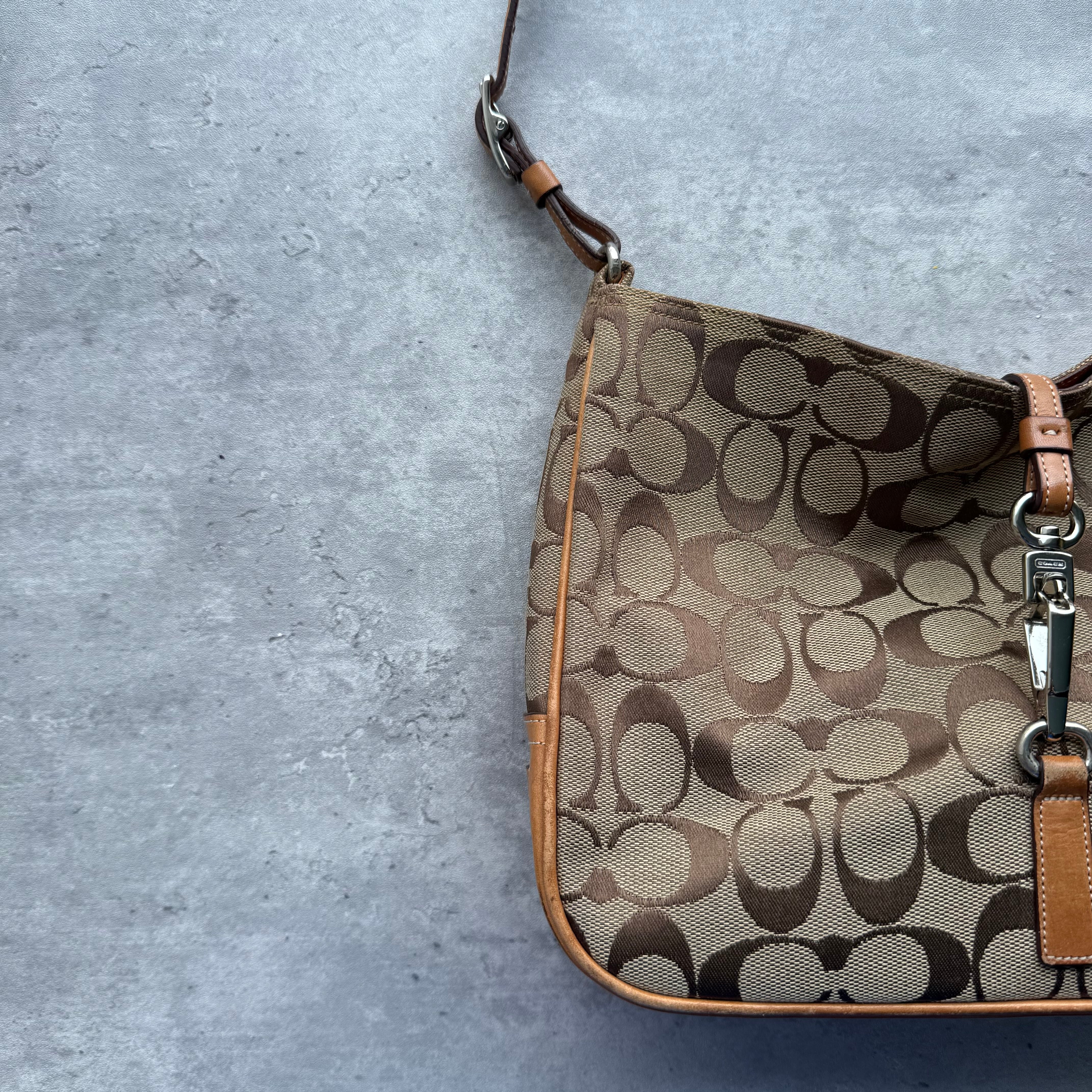 Coach Hobo Signature Clip Canvas Handbag Beige