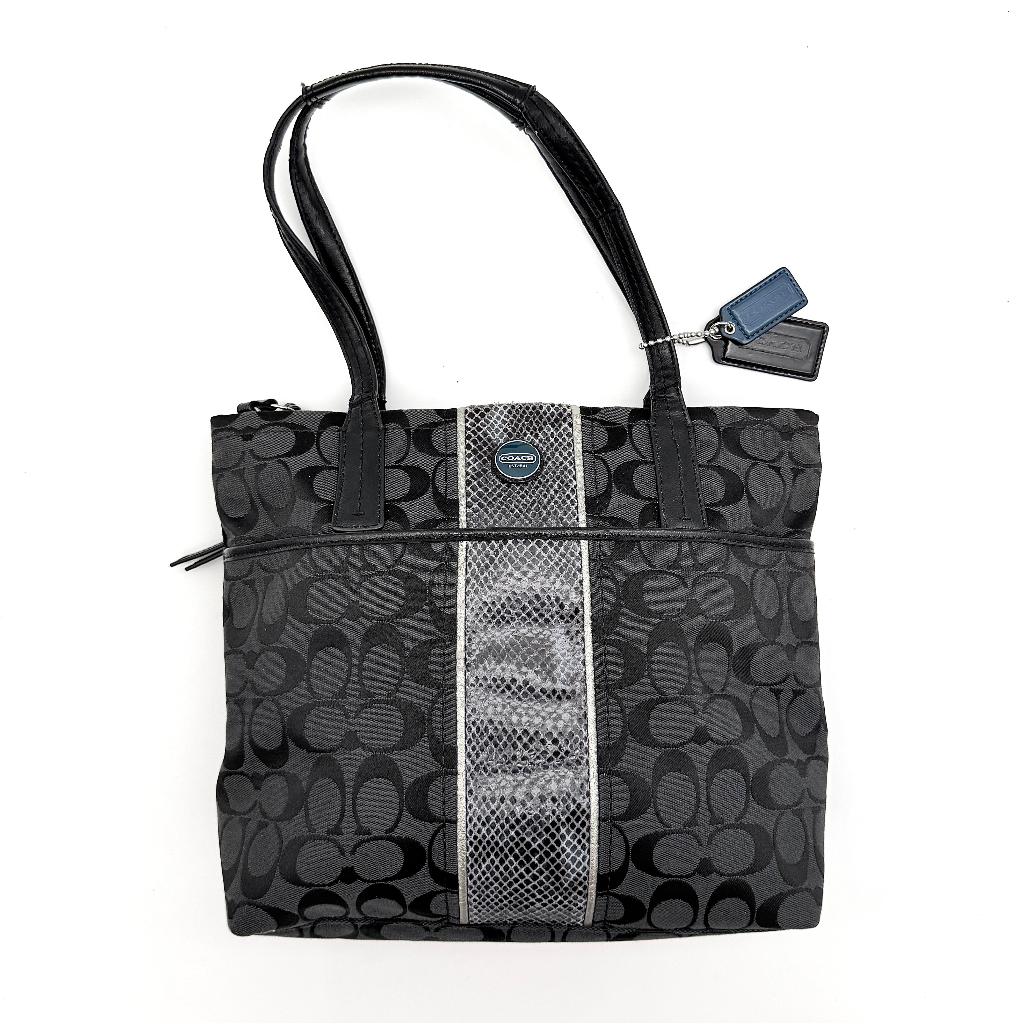 Coach Signature Stripe Python Tote Bag Black