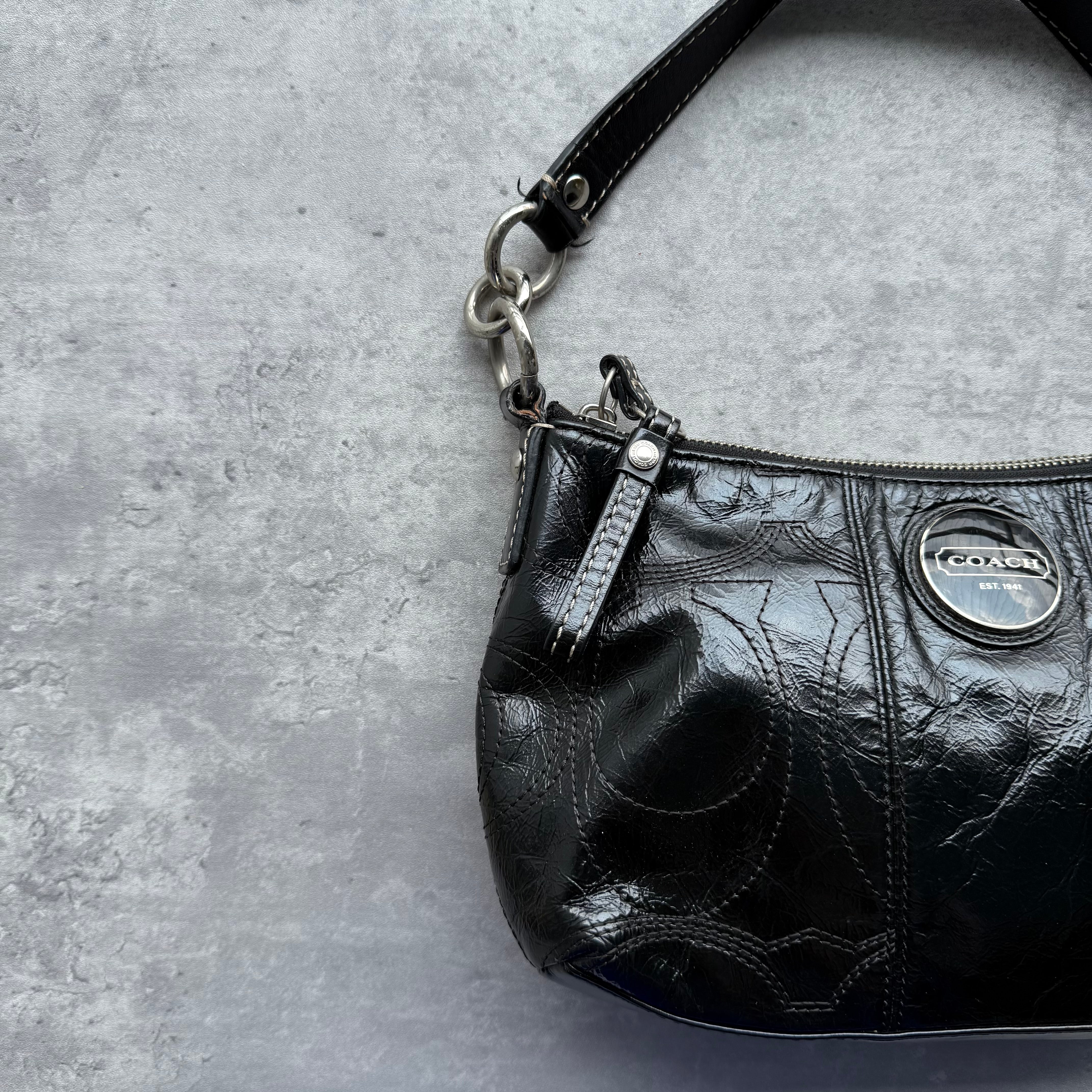 Coach 2Way Signature Patent Leather Shoulder Bag Black