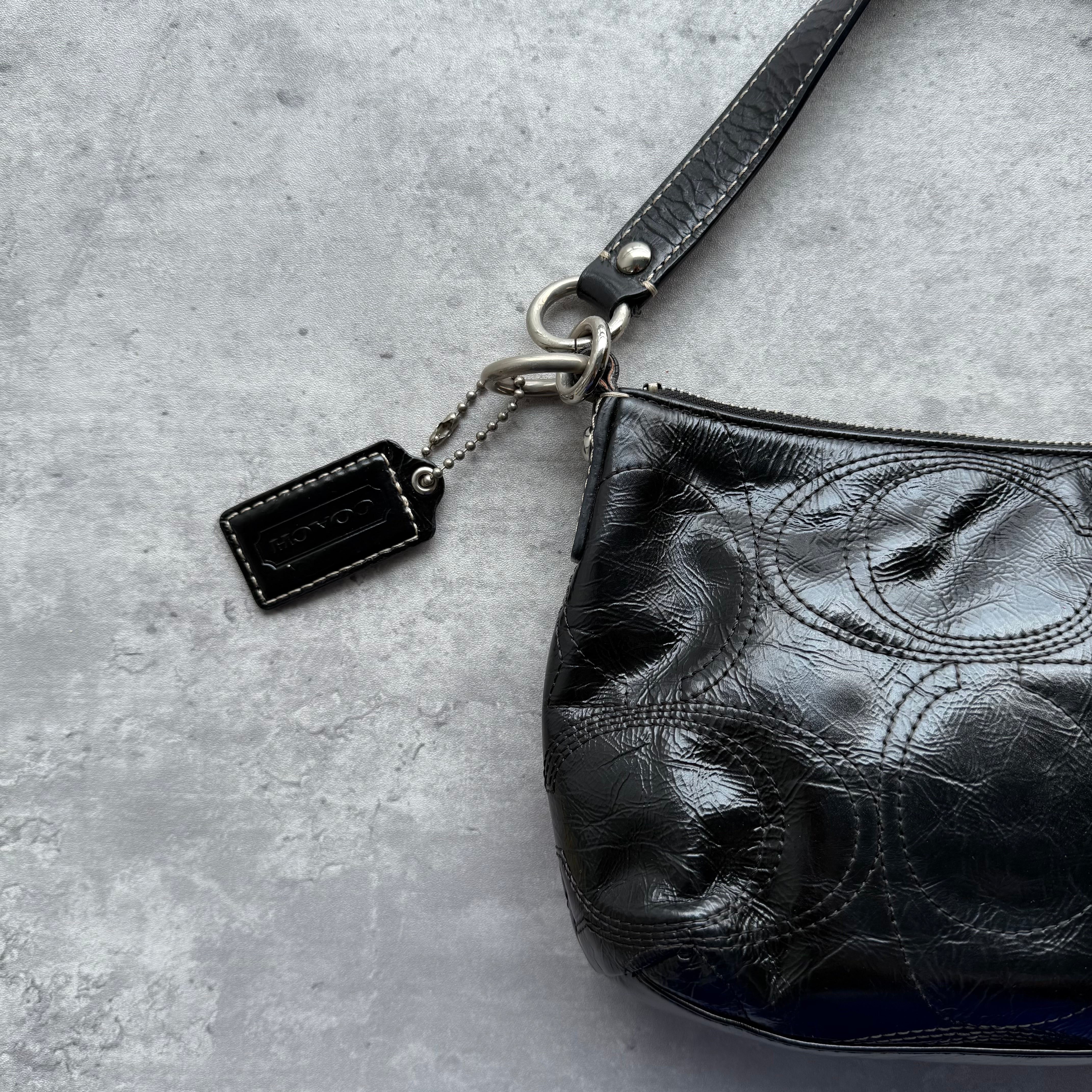 Coach 2Way Signature Patent Leather Shoulder Bag Black
