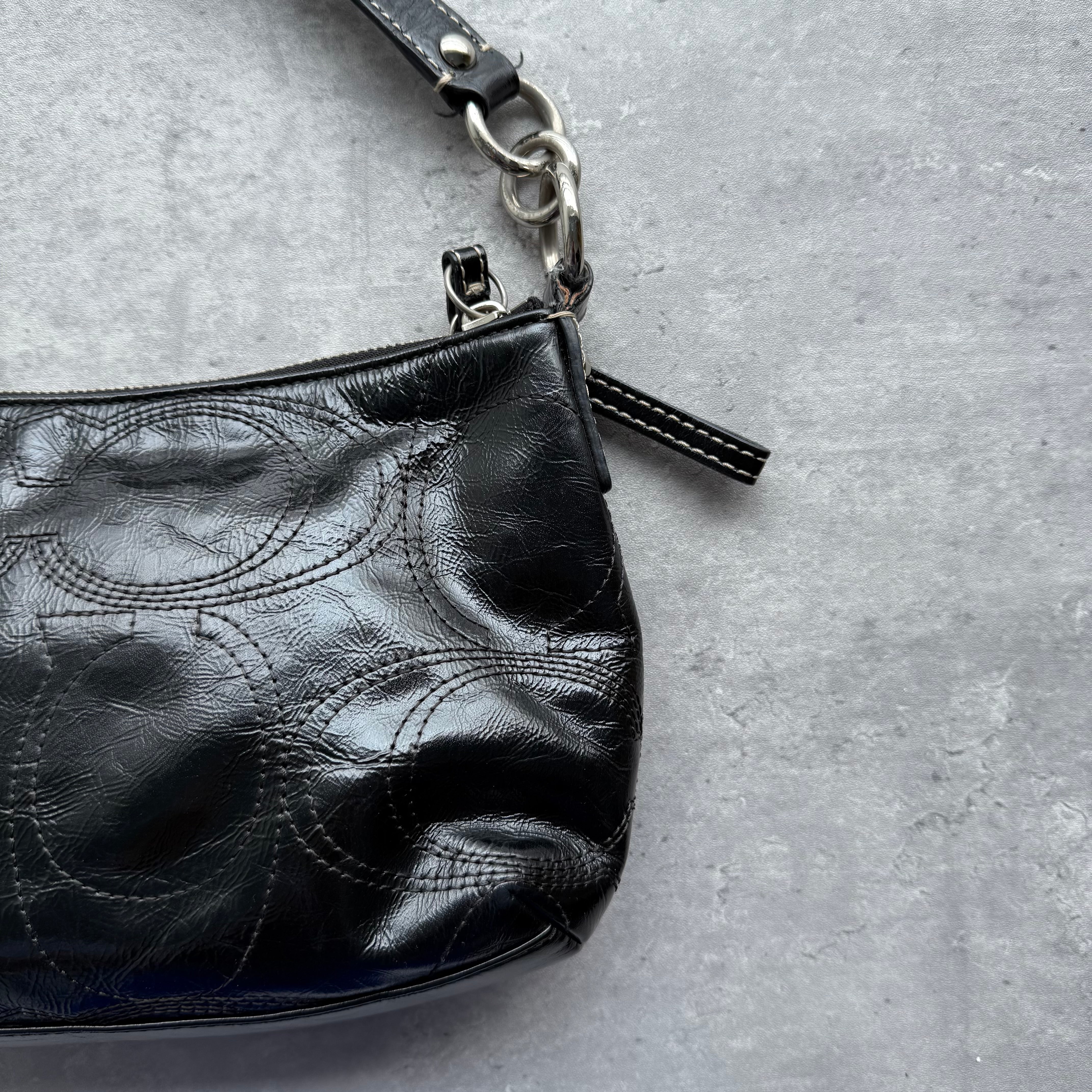 Coach 2Way Signature Patent Leather Shoulder Bag Black