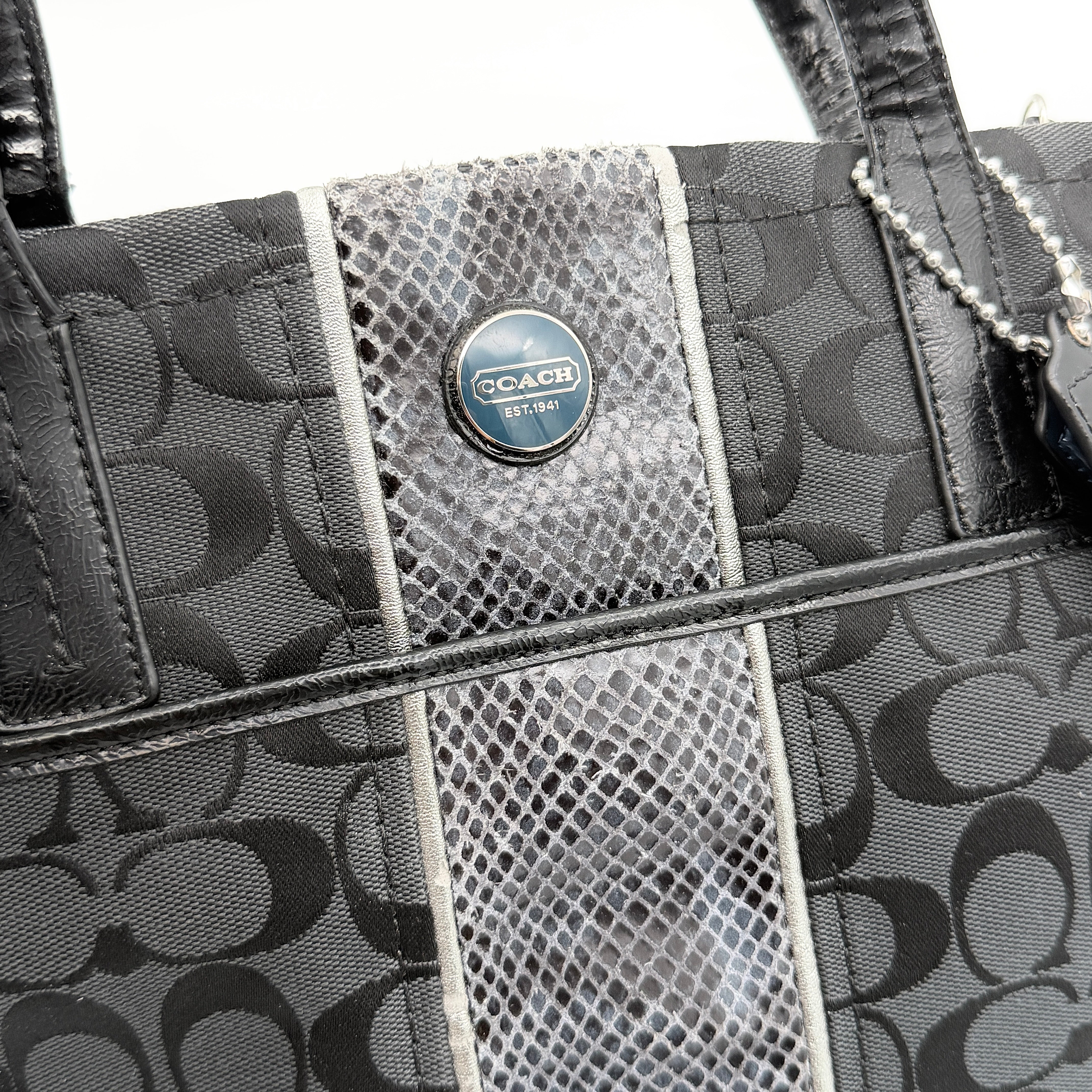 Coach Signature Stripe Python Tote Bag Black