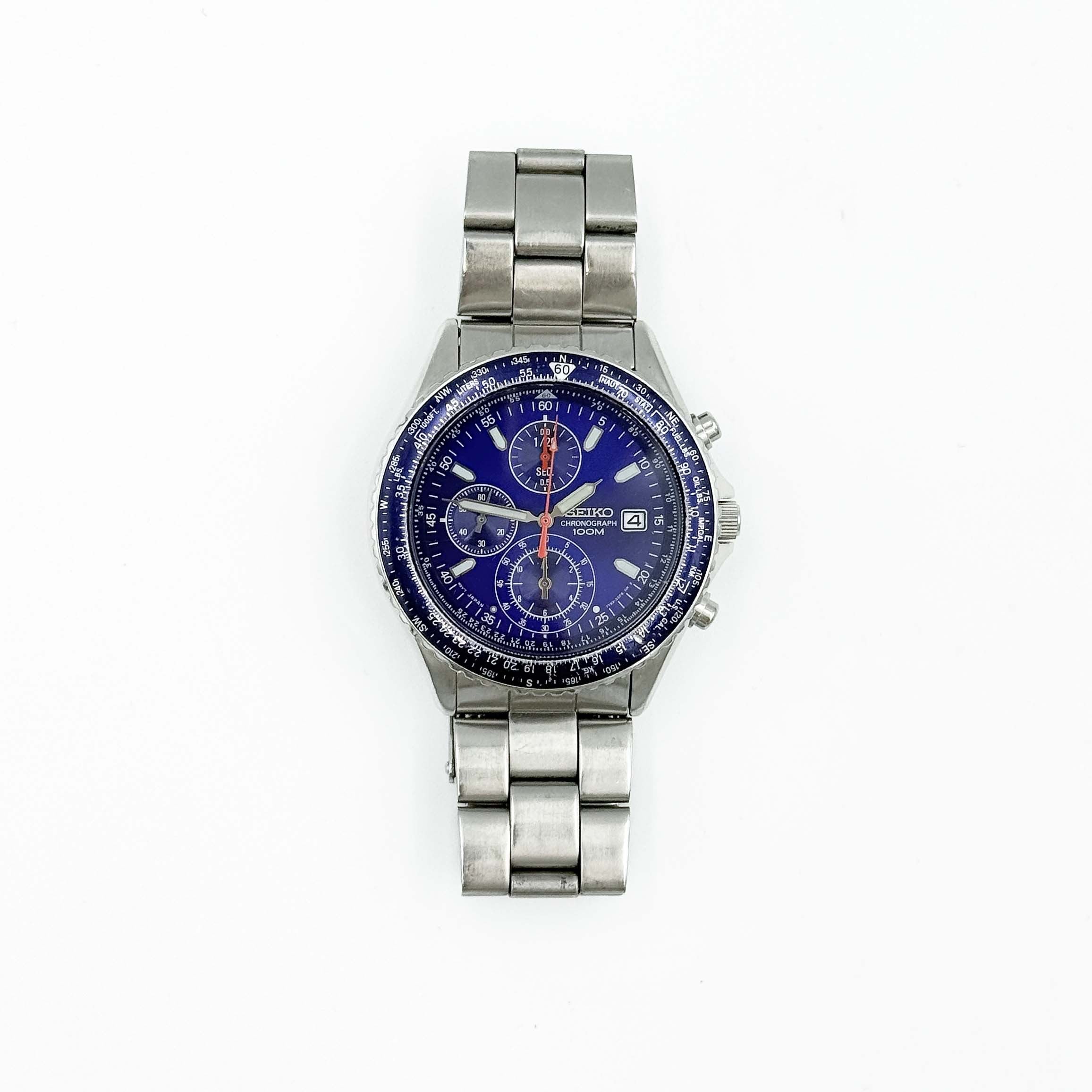 Seiko Flightmaster Pilot Chronograph Blue Dial Stainless Steel Watch