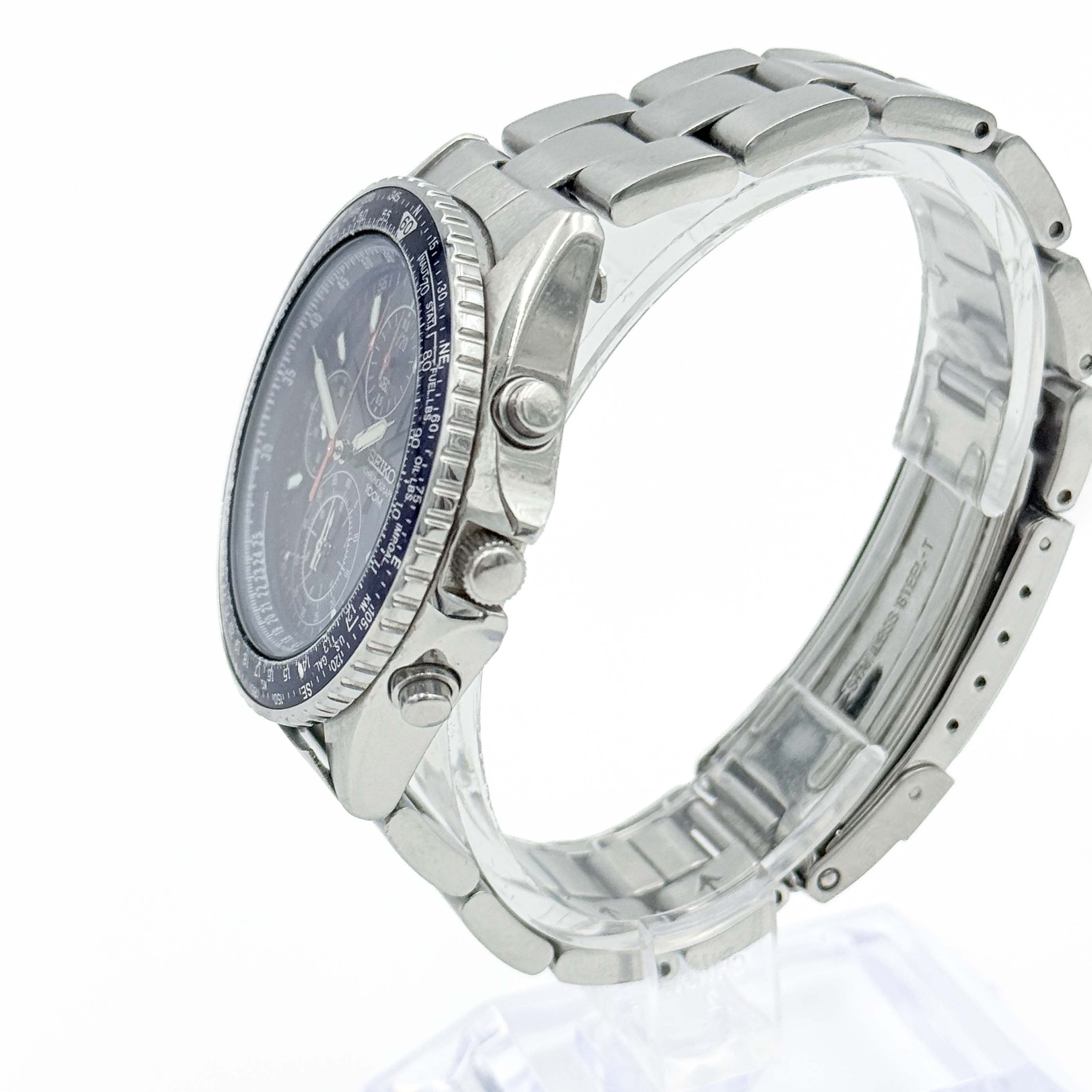 Seiko Flightmaster Pilot Chronograph Blue Dial Stainless Steel Watch