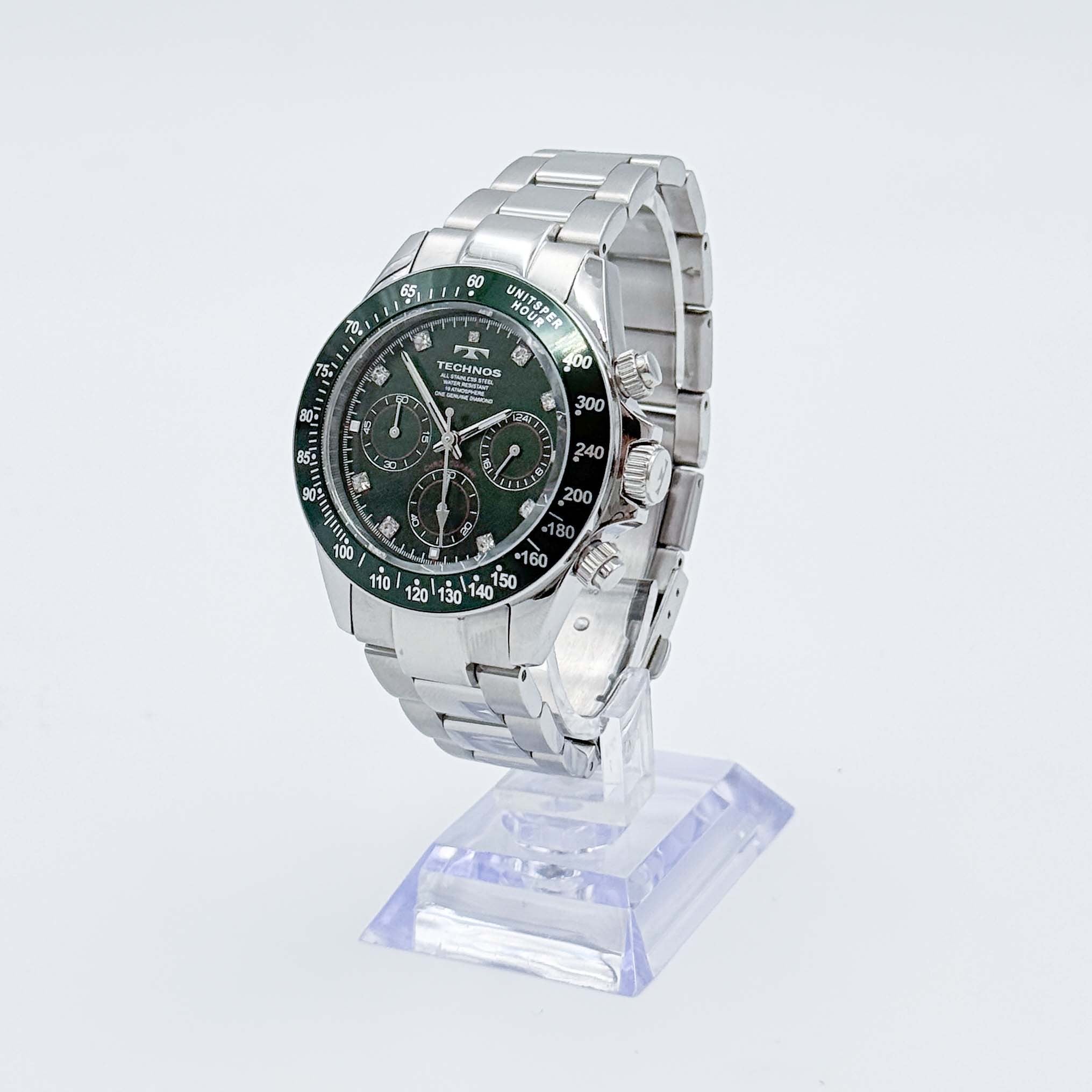 Technos Chronograph T4B26 Black Dial Stainless Steel Watch Green/Silver