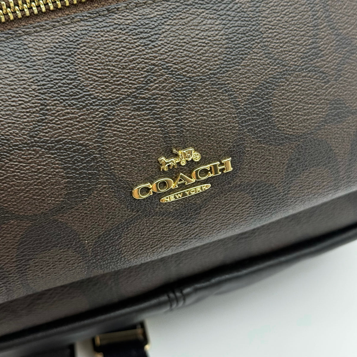 Coach Signature Charlie Backpack in brown and black canvas with gold-tone hardware and front zip pocket.
