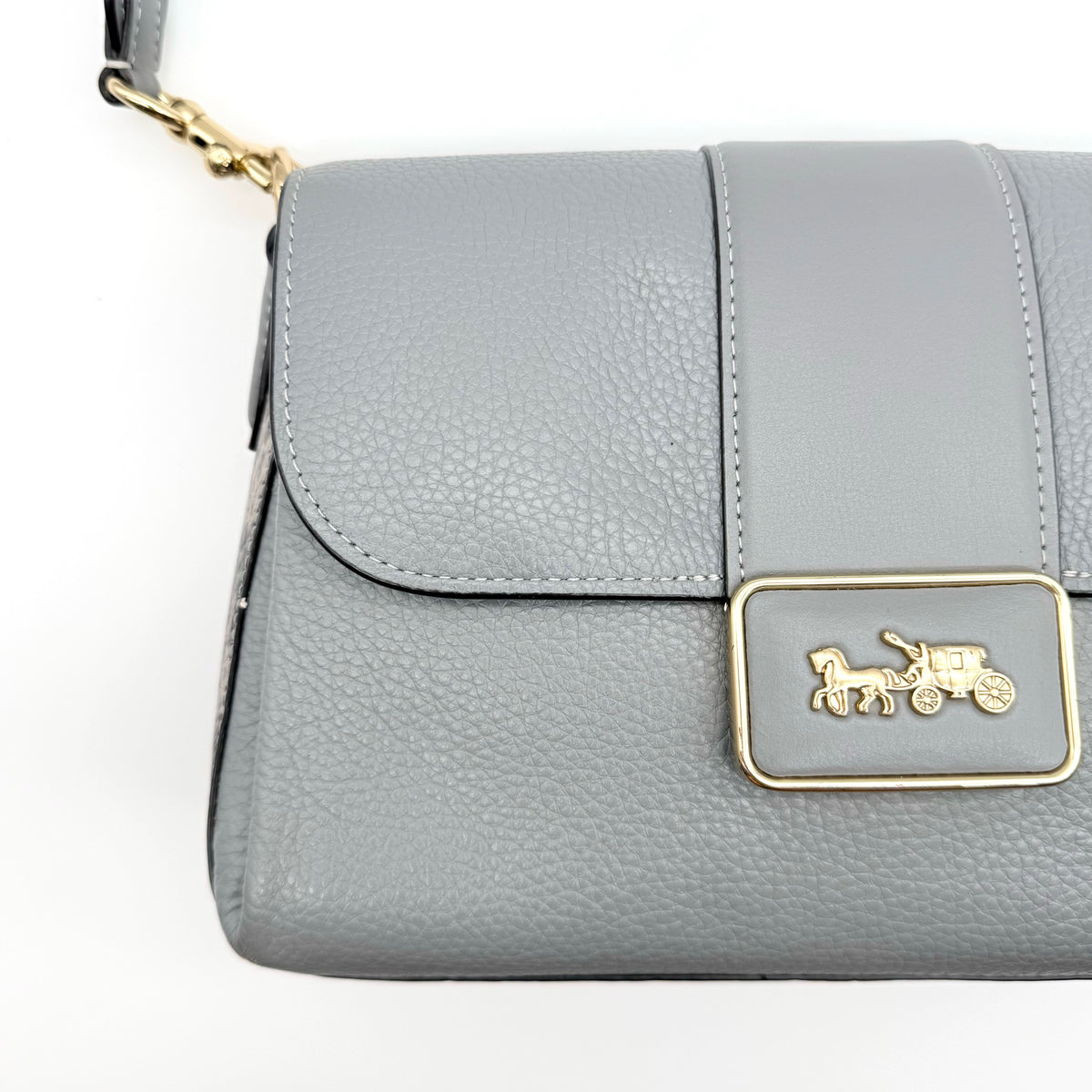 Coach Grace grey pebbled leather shoulder bag with python-embossed sides and gold coach carriage hardware, styled with a long adjustable strap.