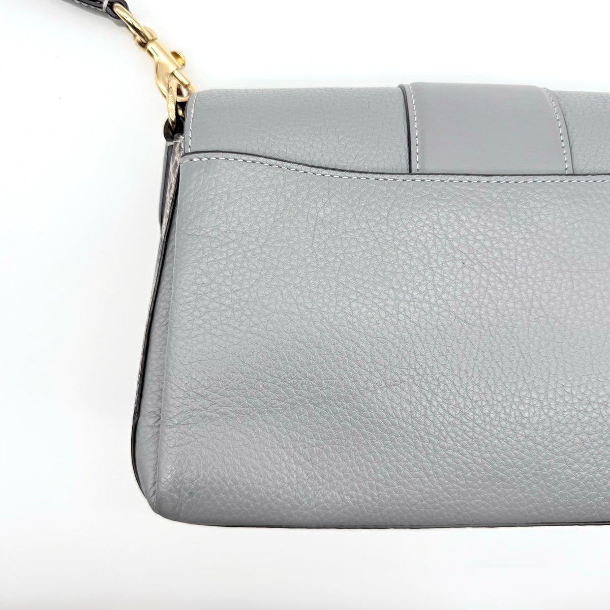 Coach Grace grey pebbled leather shoulder bag with python-embossed sides and gold coach carriage hardware, styled with a long adjustable strap.