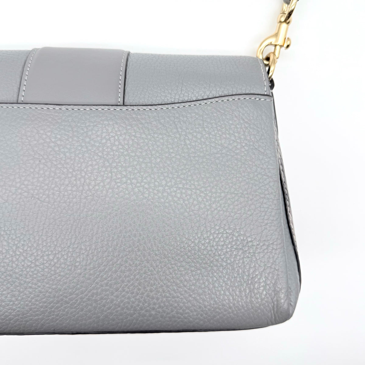 Coach Grace grey pebbled leather shoulder bag with python-embossed sides and gold coach carriage hardware, styled with a long adjustable strap.