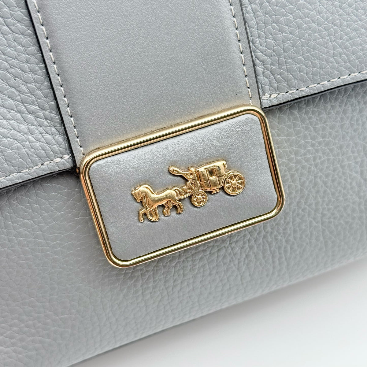 Coach Grace grey pebbled leather shoulder bag with python-embossed sides and gold coach carriage hardware, styled with a long adjustable strap.