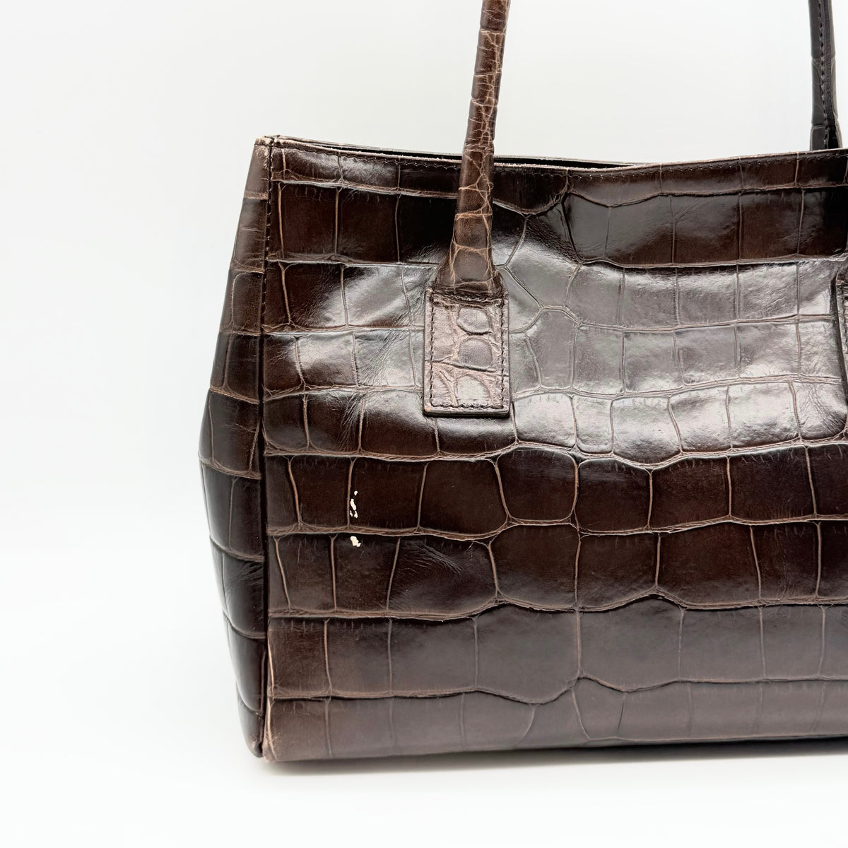 Furla dark brown croc-embossed leather handbag with silver-tone hardware and double top handles, photographed against a clean white background.