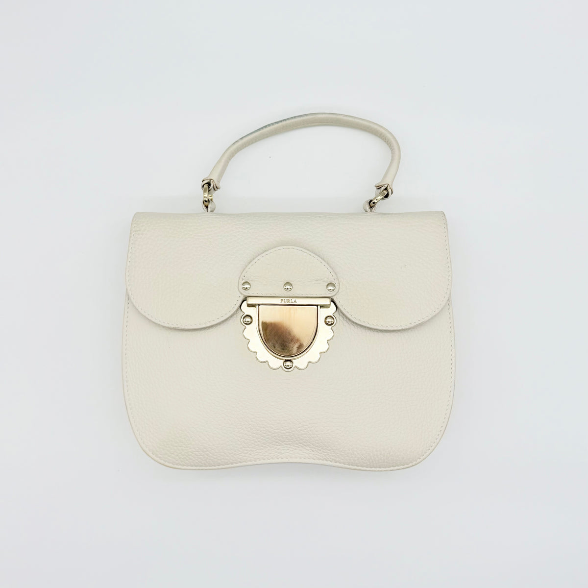 Furla 2Way Ducale Mini Handbag in creamy white leather with gold hardware, top handle, and detachable strap displayed flat with authenticity card.