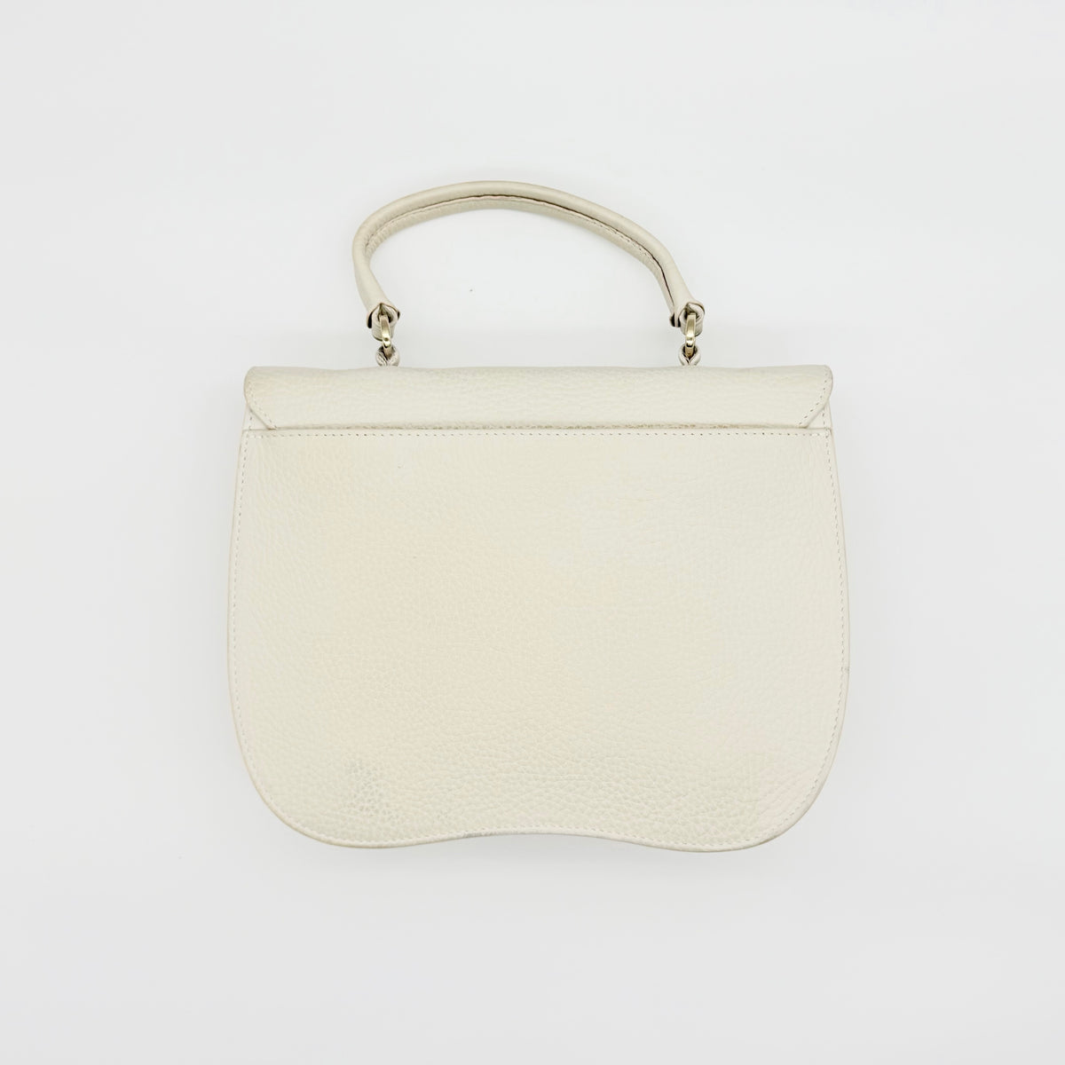 Furla 2Way Ducale Mini Handbag in creamy white leather with gold hardware, top handle, and detachable strap displayed flat with authenticity card.