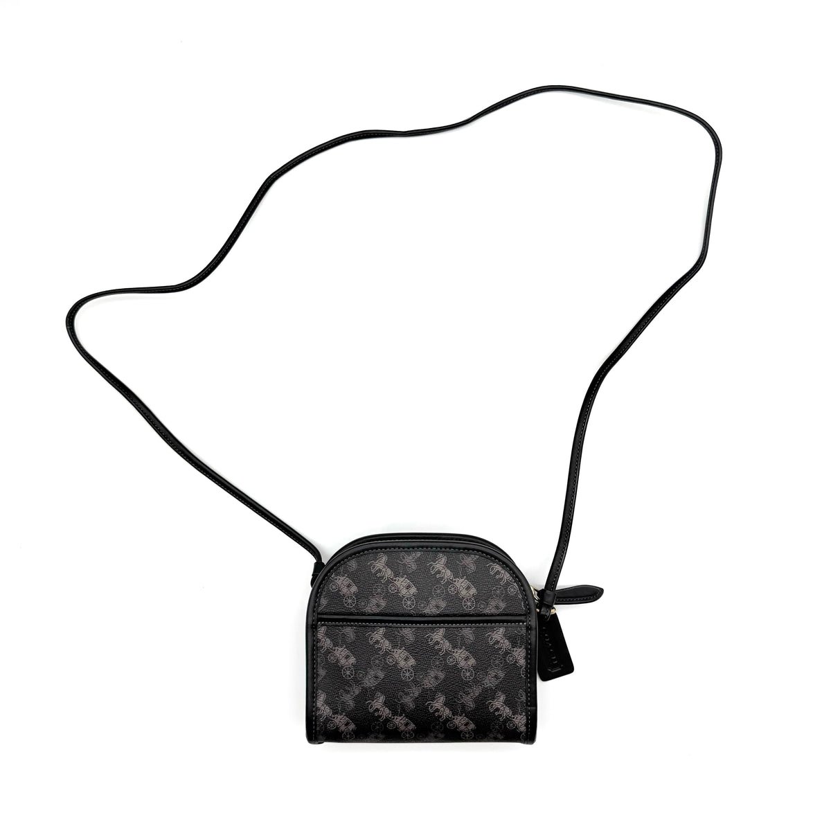 Coach Horse & Carriage Print Zip Crossbody Bag in black coated canvas with adjustable strap and gold hardware.