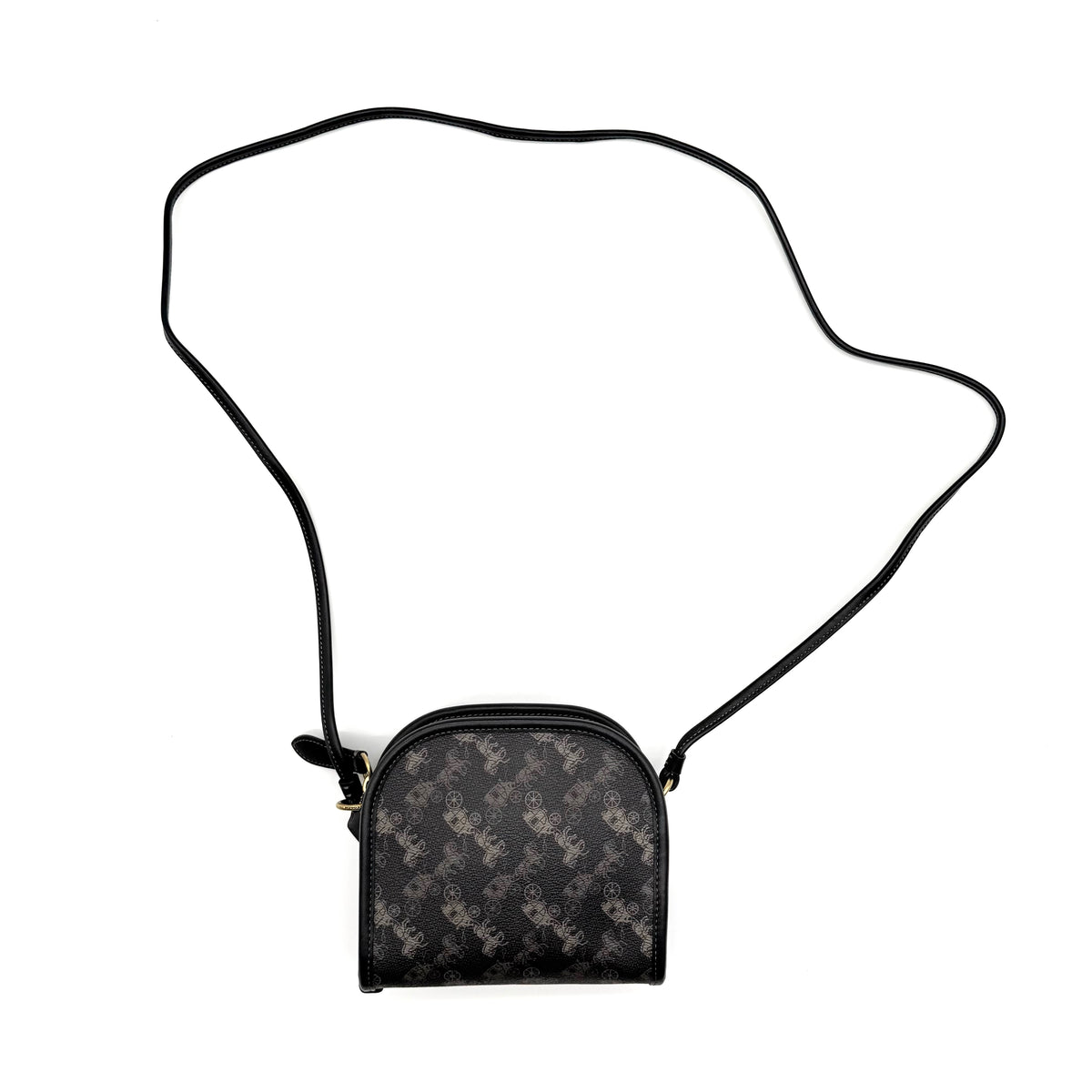 Coach Horse & Carriage Print Zip Crossbody Bag in black coated canvas with adjustable strap and gold hardware.
